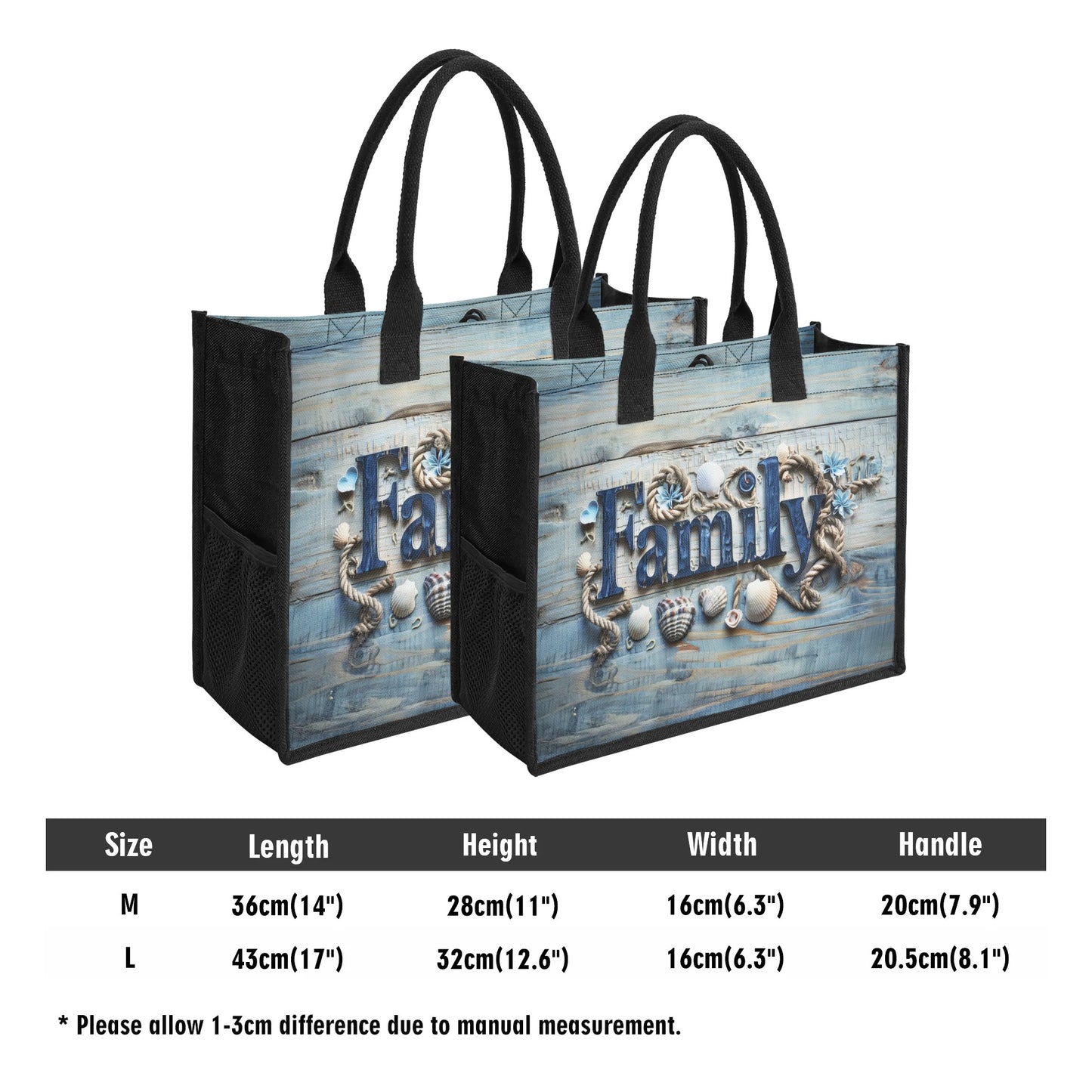 Family Embraced by Sea Shells and Nautical Elements on Weathered Wood Structured Button Closure Canvas Tote Bag in 2 Sizes