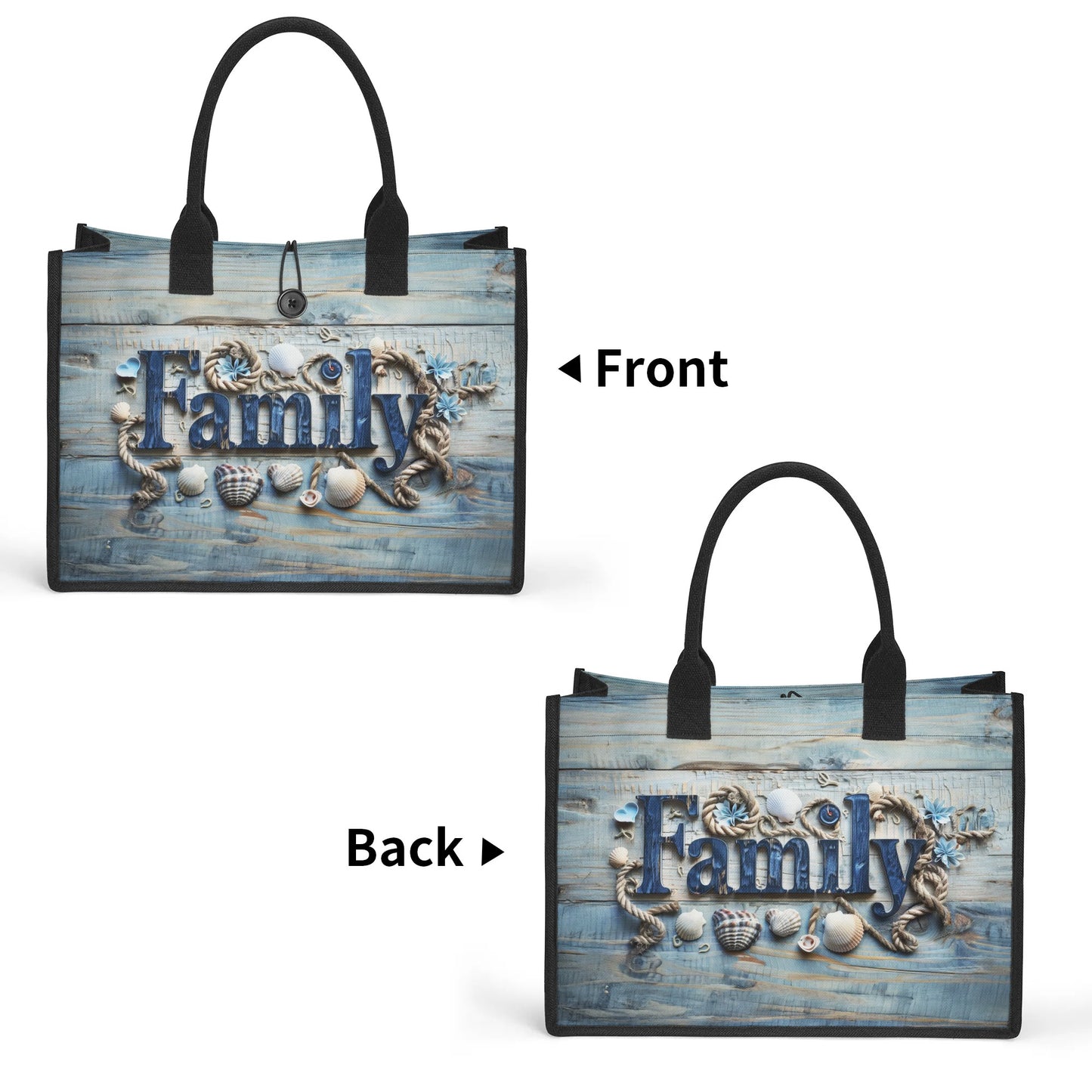 Family Embraced by Sea Shells and Nautical Elements on Weathered Wood Structured Button Closure Canvas Tote Bag in 2 Sizes