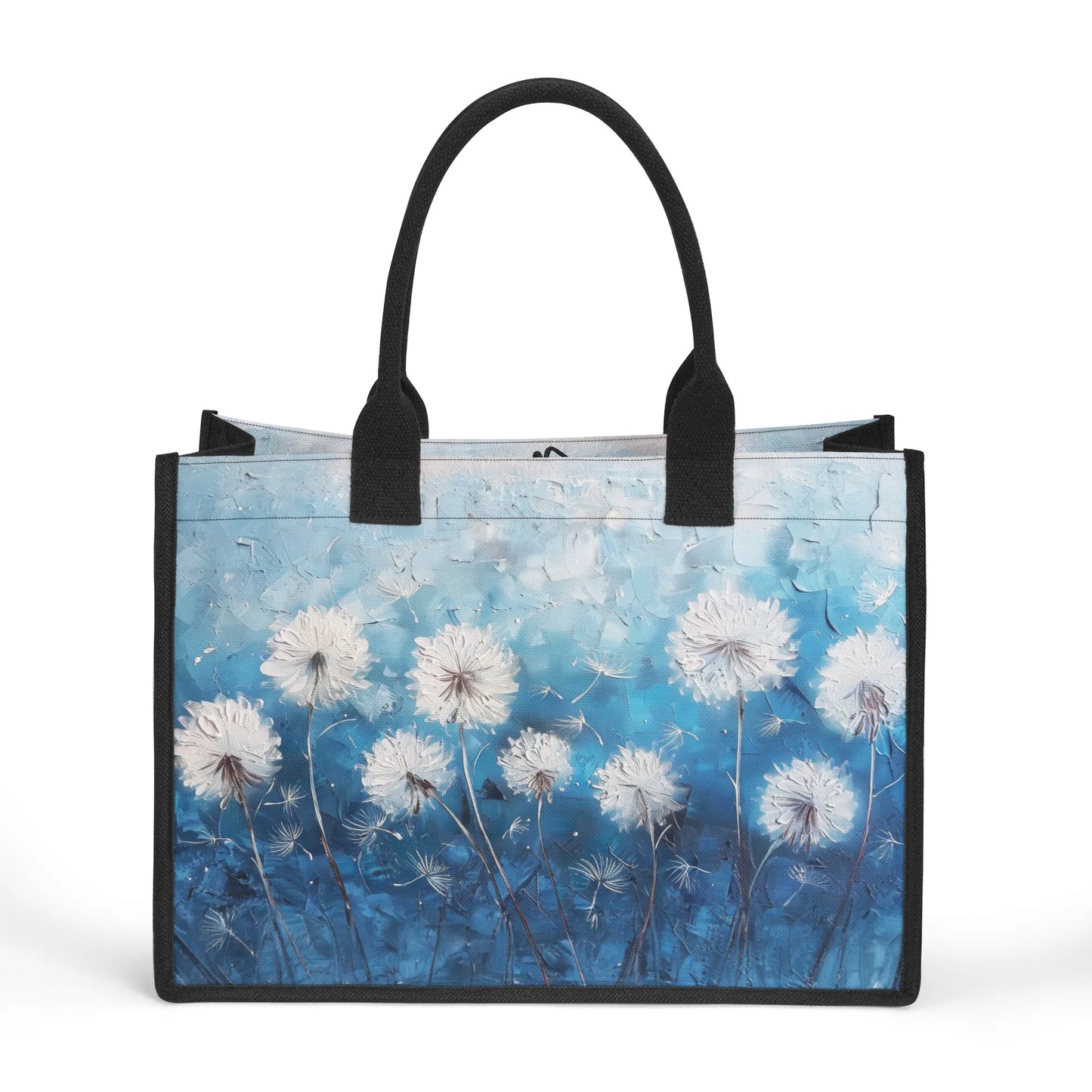 White Dandelions Dancing on an Umbre Blue Canvas, Evoked in a Richly Stroked Oil Painting Print Structured Button Closure Canvas Tote Bag in 2 Sizes