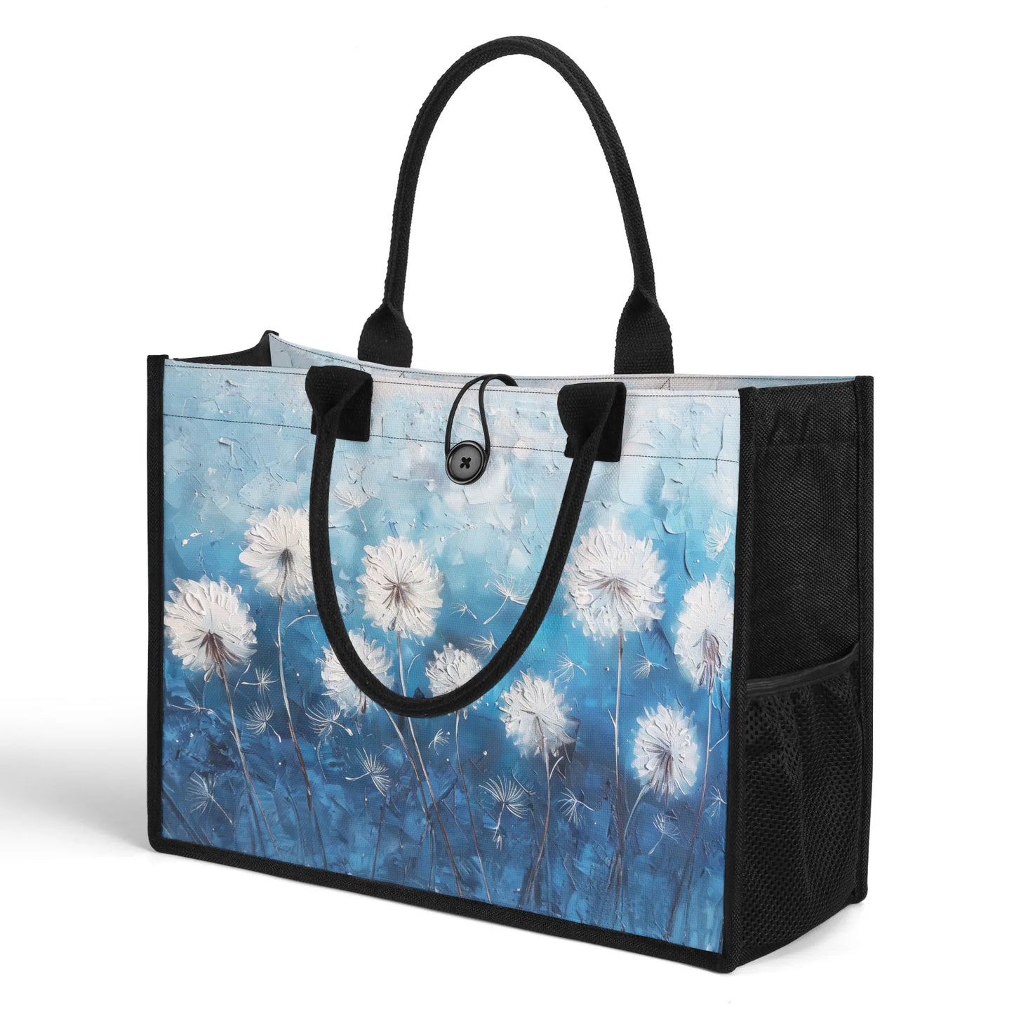 White Dandelions Dancing on an Umbre Blue Canvas, Evoked in a Richly Stroked Oil Painting Print Structured Button Closure Canvas Tote Bag in 2 Sizes