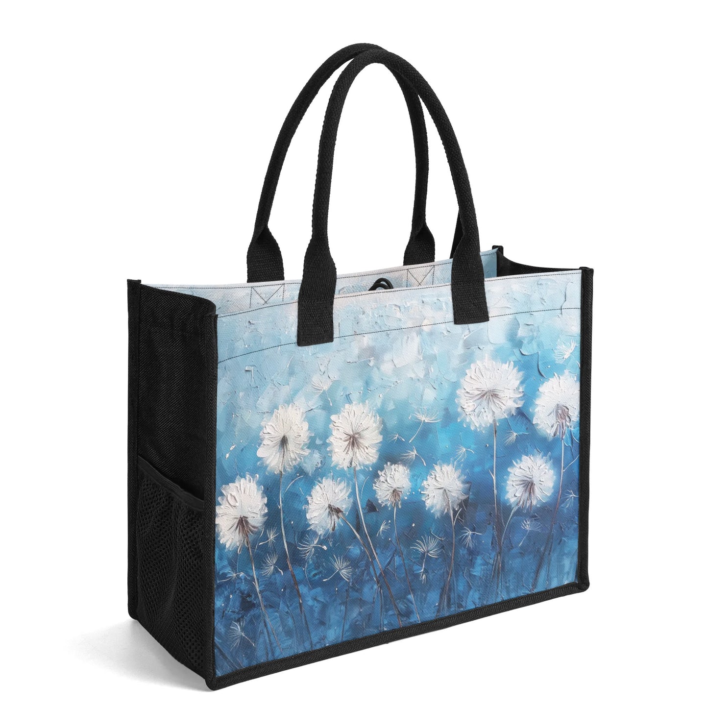 White Dandelions Dancing on an Umbre Blue Canvas, Evoked in a Richly Stroked Oil Painting Print Structured Button Closure Canvas Tote Bag in 2 Sizes