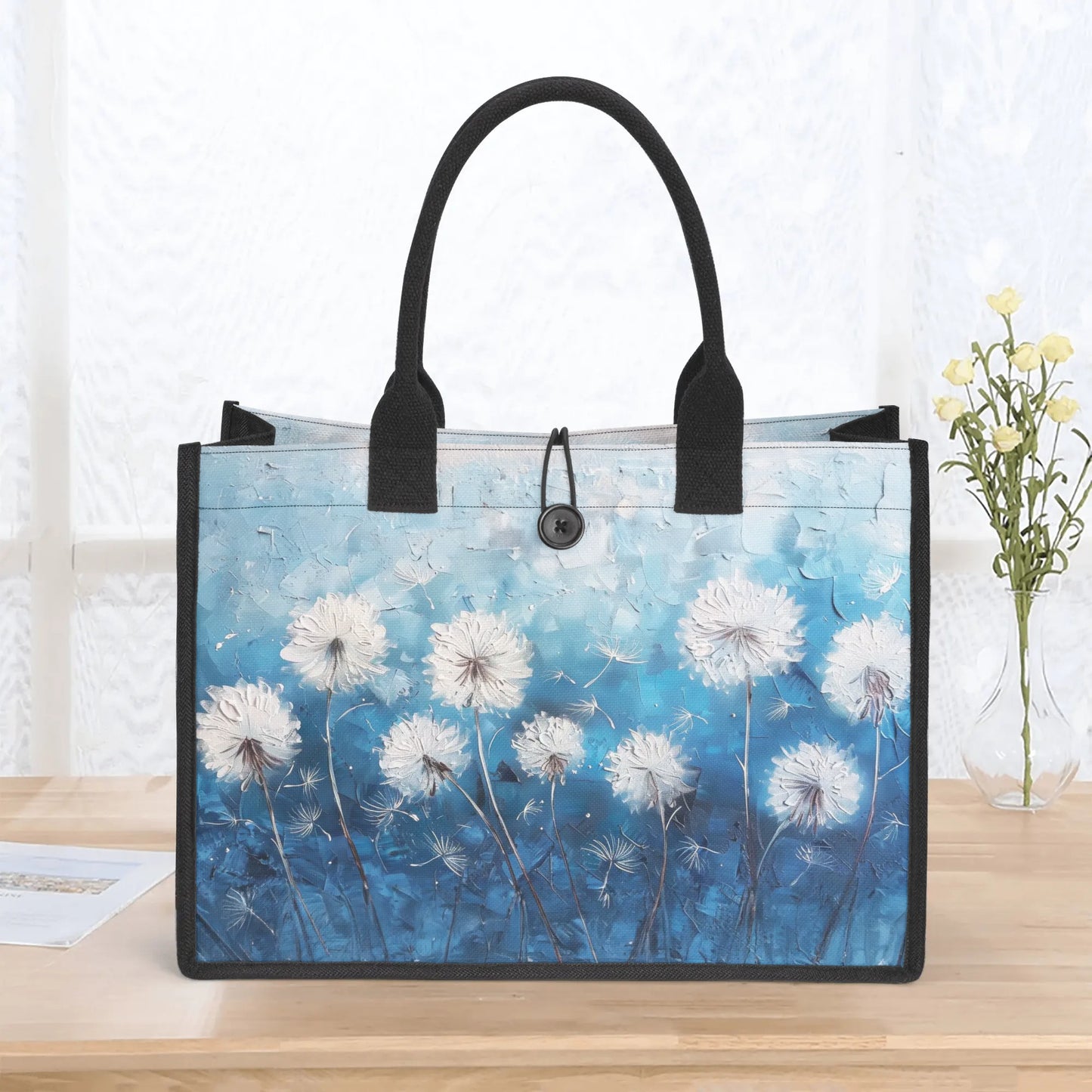 White Dandelions Dancing on an Umbre Blue Canvas, Evoked in a Richly Stroked Oil Painting Print Structured Button Closure Canvas Tote Bag in 2 Sizes