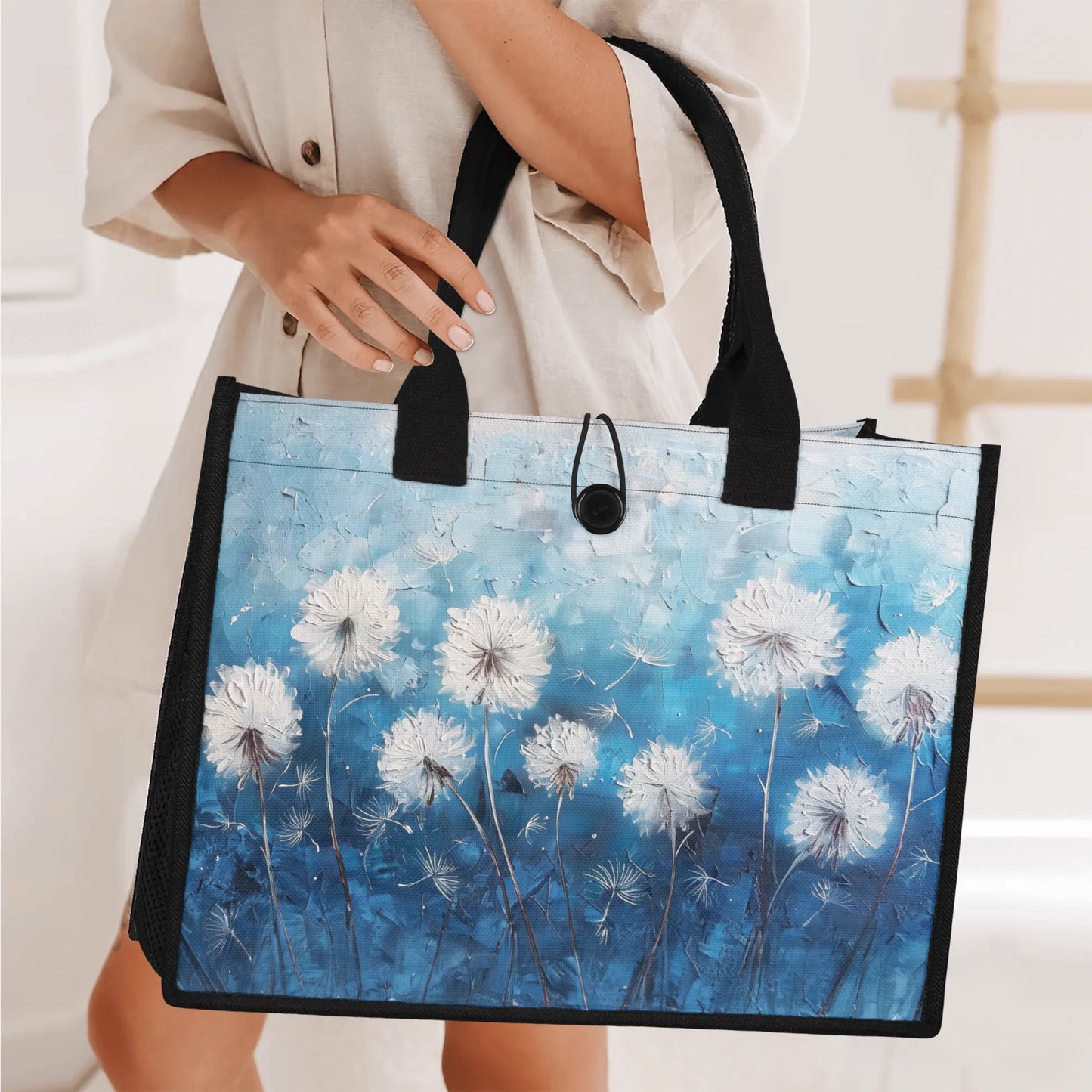 White Dandelions Dancing on an Umbre Blue Canvas, Evoked in a Richly Stroked Oil Painting Print Structured Button Closure Canvas Tote Bag in 2 Sizes