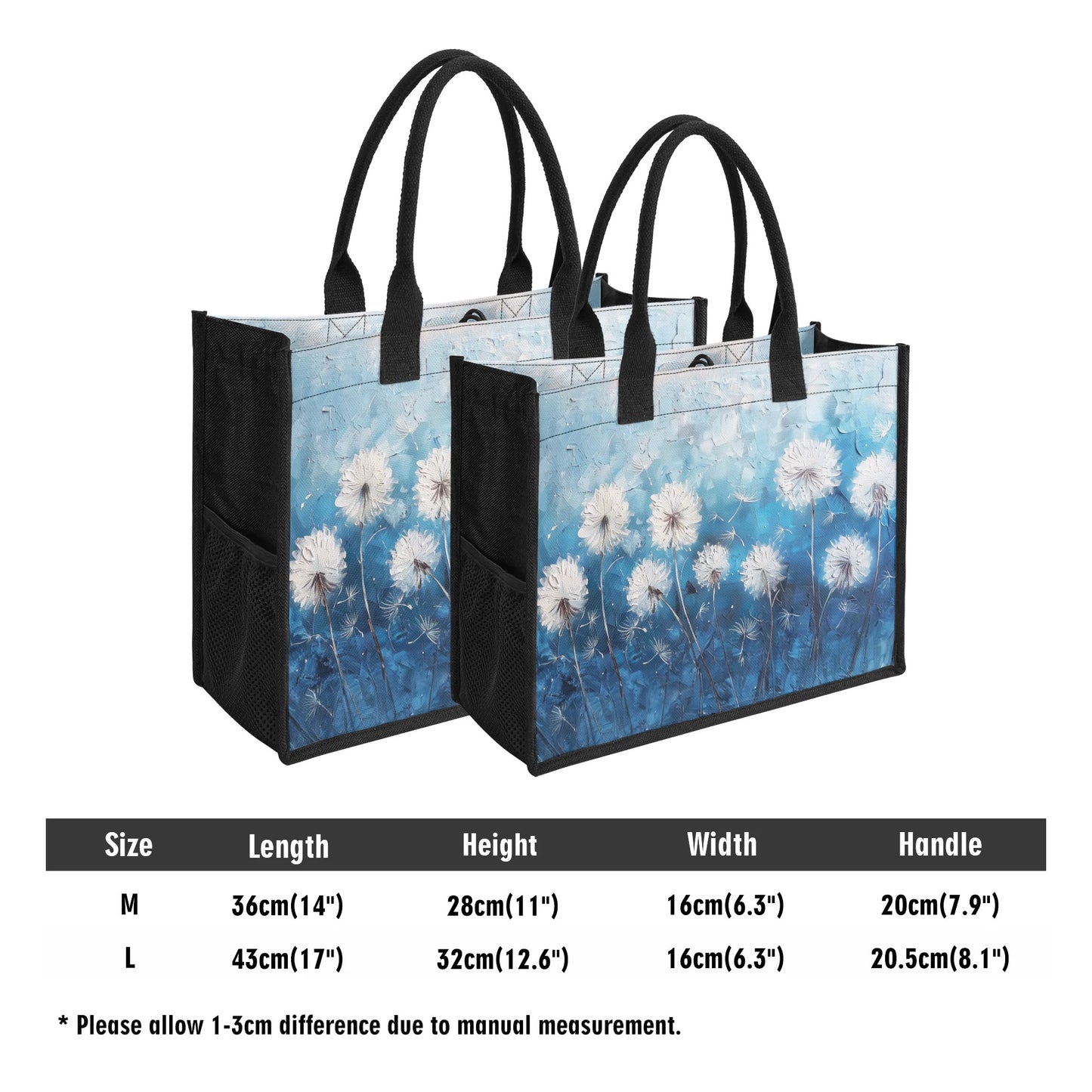 White Dandelions Dancing on an Umbre Blue Canvas, Evoked in a Richly Stroked Oil Painting Print Structured Button Closure Canvas Tote Bag in 2 Sizes