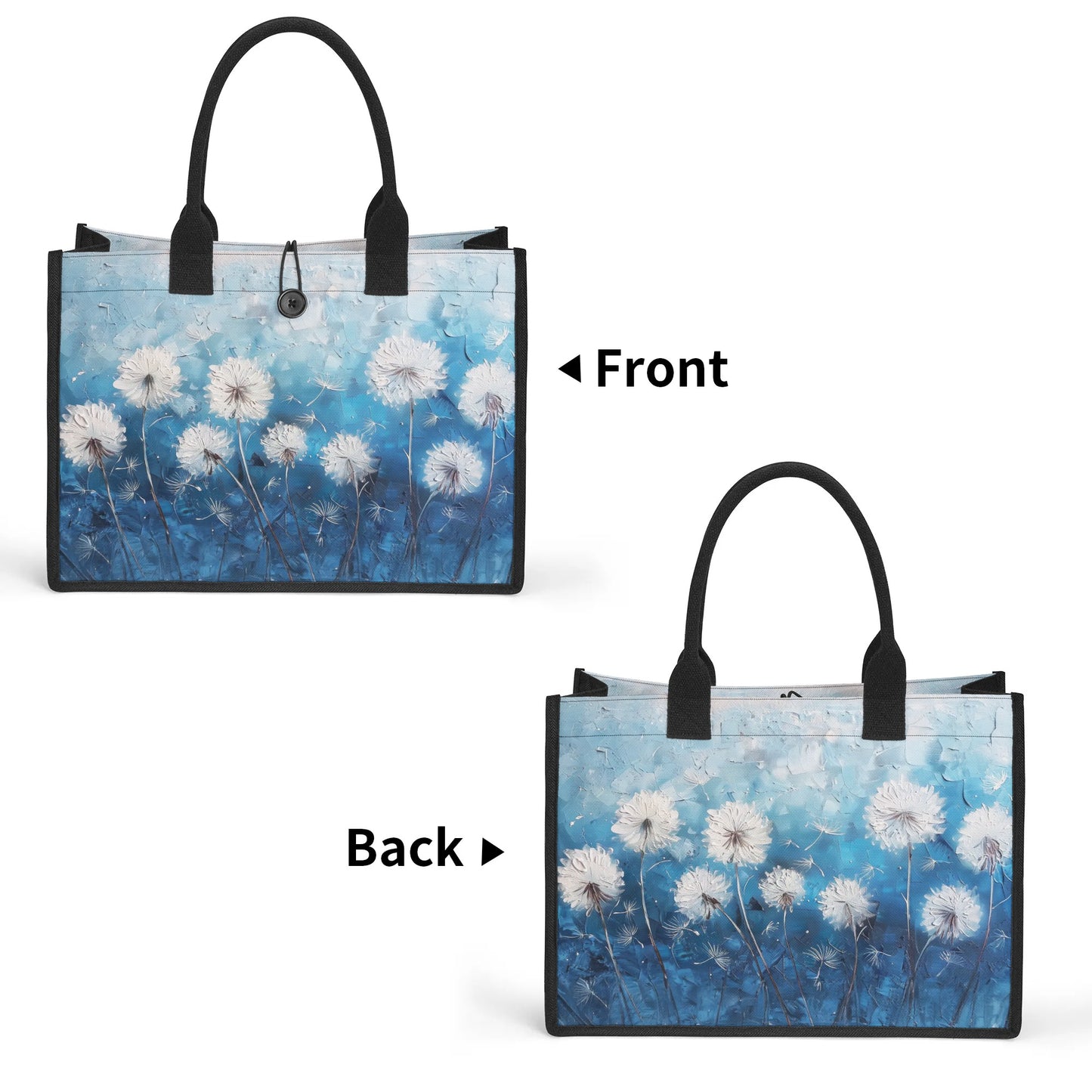 White Dandelions Dancing on an Umbre Blue Canvas, Evoked in a Richly Stroked Oil Painting Print Structured Button Closure Canvas Tote Bag in 2 Sizes