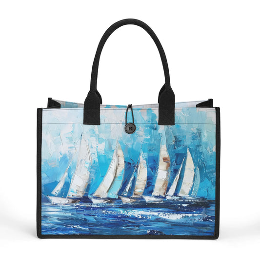 Sailboats Dancing on Ocean Waves in Richly Stroked Oil Painting Print Structured Button Closure Canvas Tote Bag in 2 Sizes