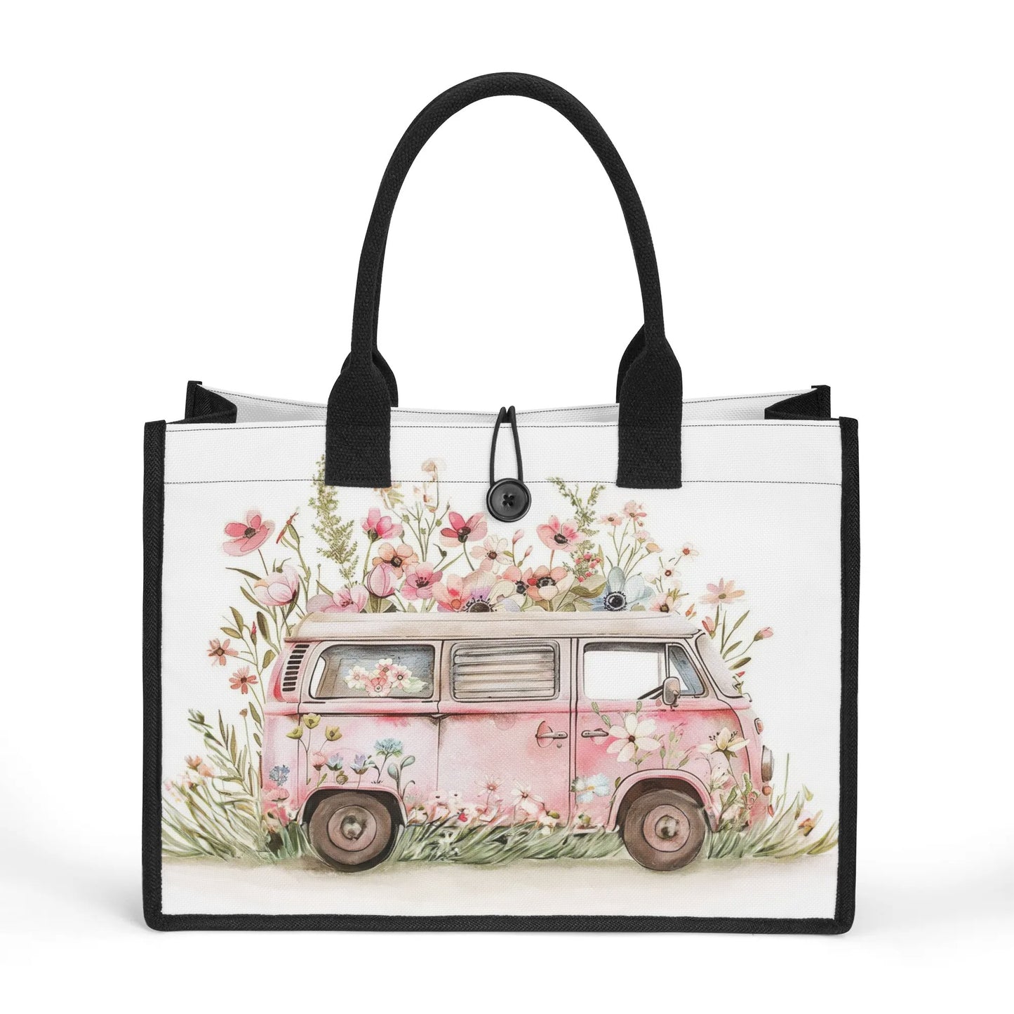 Pastel Petal Cruiser: Light Pink VW Bus Adorned with Pastel Paint Flowers Structured Button Closure Canvas Tote Bag in 2 Sizes