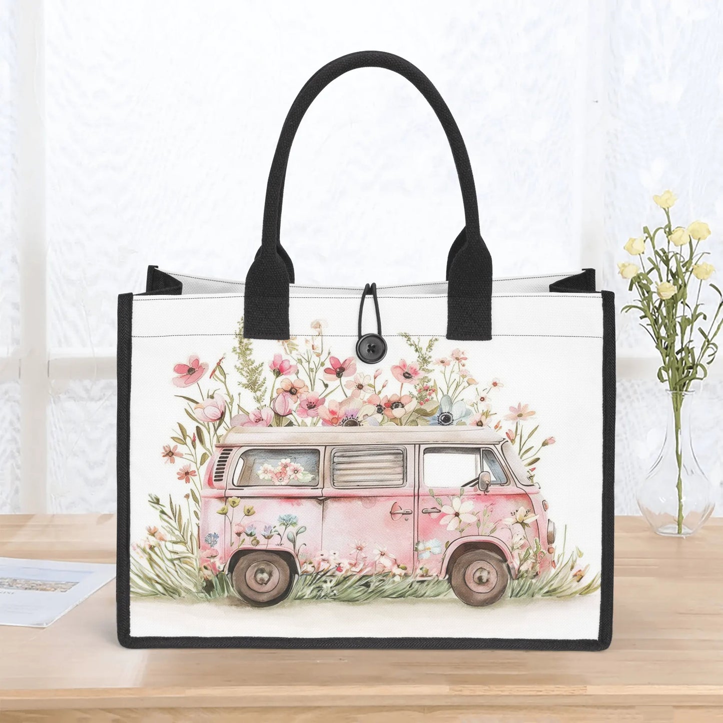 Pastel Petal Cruiser: Light Pink VW Bus Adorned with Pastel Paint Flowers Structured Button Closure Canvas Tote Bag in 2 Sizes