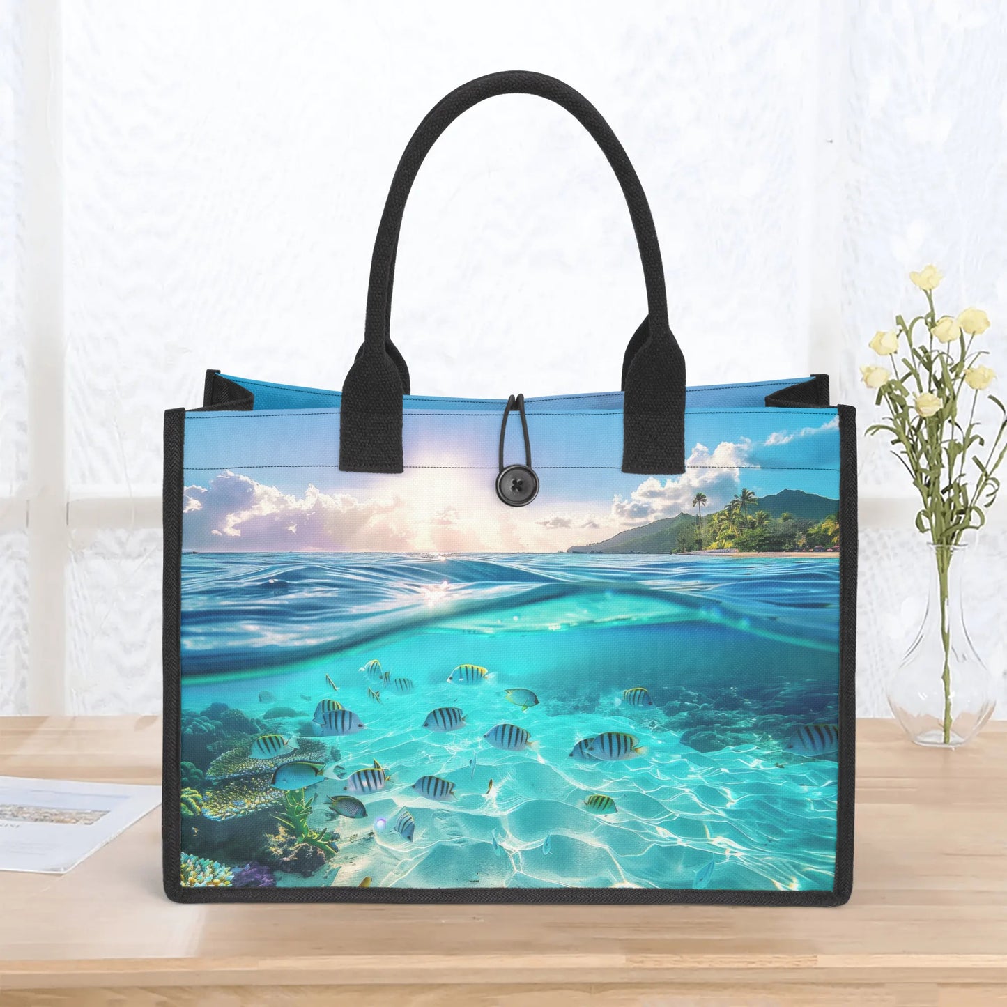 Sunrise Symphony: Ocean Depths and Dawns Arrival Structured Button Closure Canvas Tote Bag in 2 Sizes