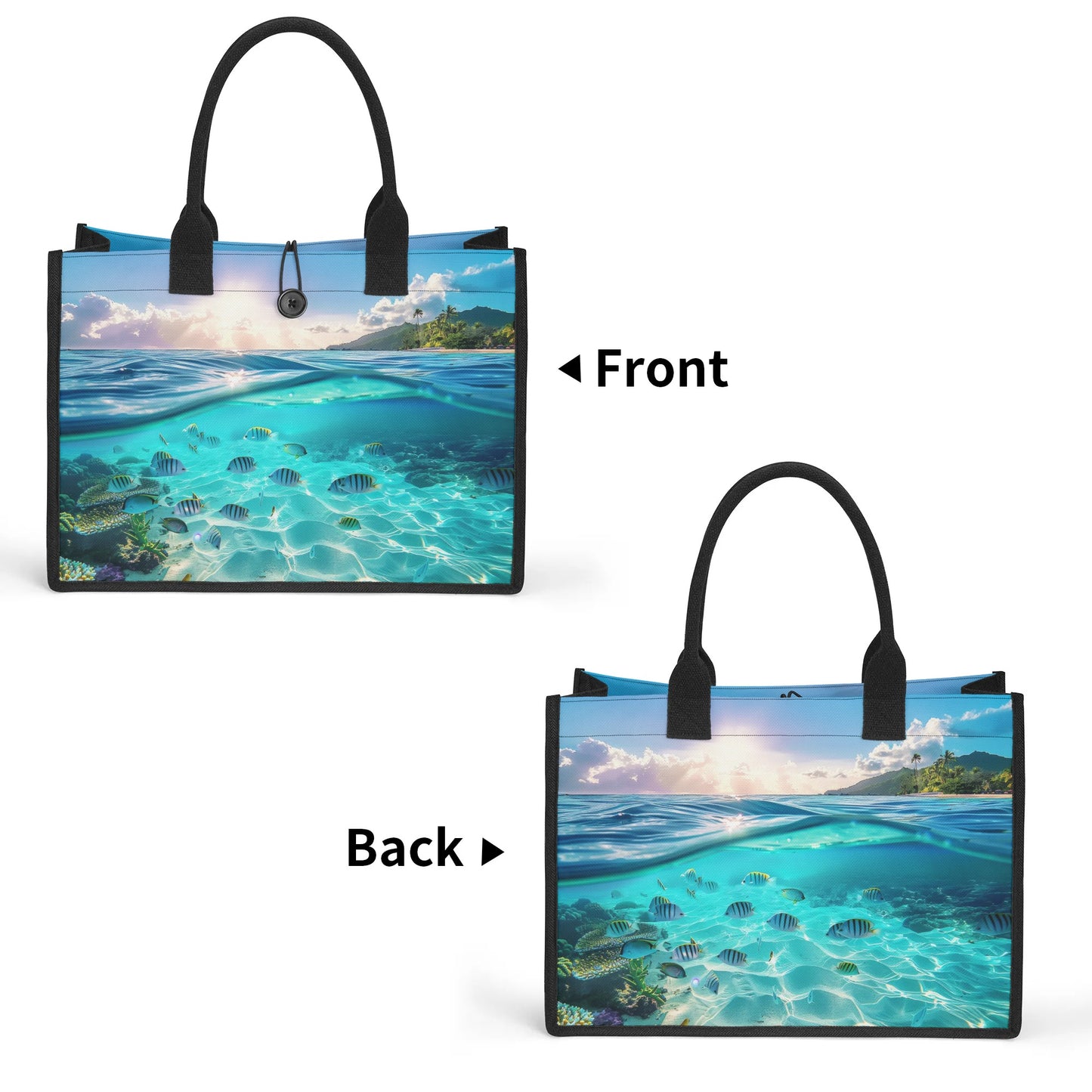 Sunrise Symphony: Ocean Depths and Dawns Arrival Structured Button Closure Canvas Tote Bag in 2 Sizes