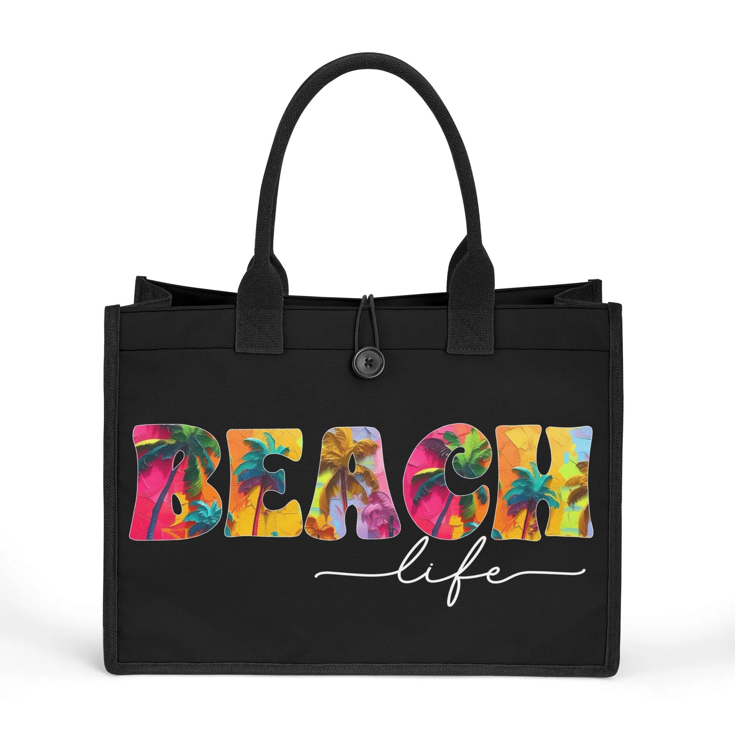 Tropical Palms Trees BEACH Life on Black Structured Button Closure Canvas Tote Bag in 2 Sizes