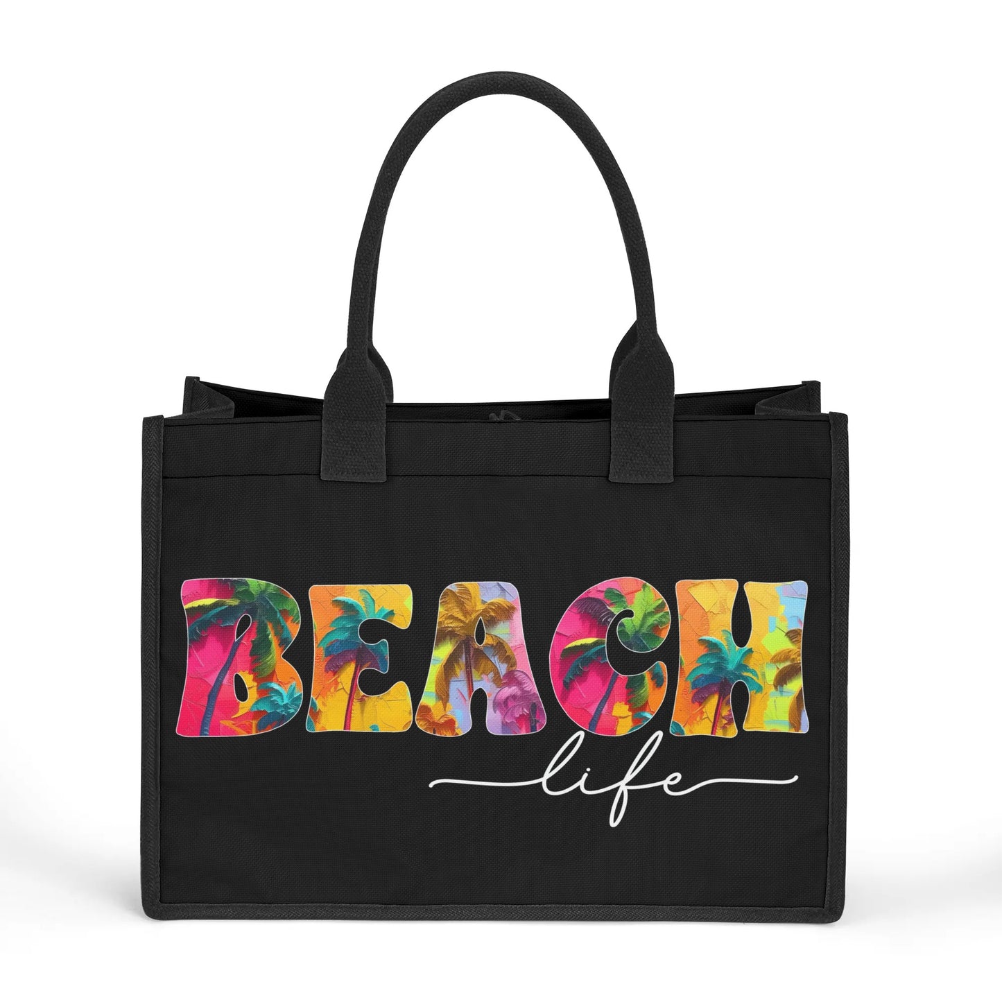 Tropical Palms Trees BEACH Life on Black Structured Button Closure Canvas Tote Bag in 2 Sizes