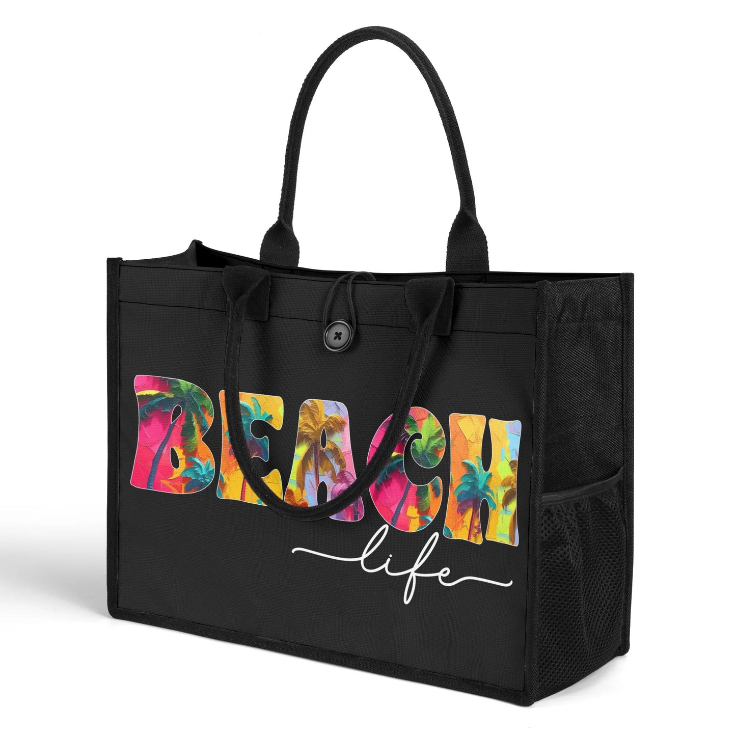 Tropical Palms Trees BEACH Life on Black Structured Button Closure Canvas Tote Bag in 2 Sizes