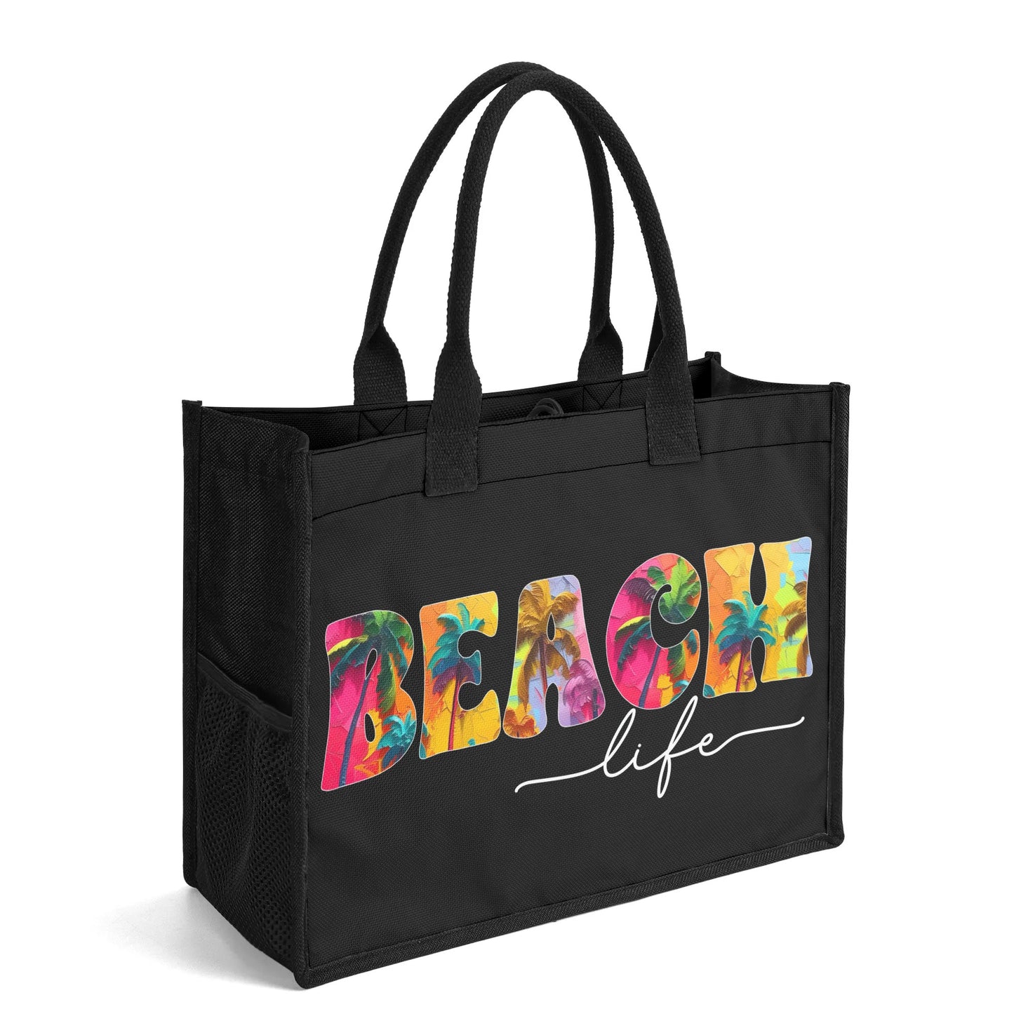 Tropical Palms Trees BEACH Life on Black Structured Button Closure Canvas Tote Bag in 2 Sizes