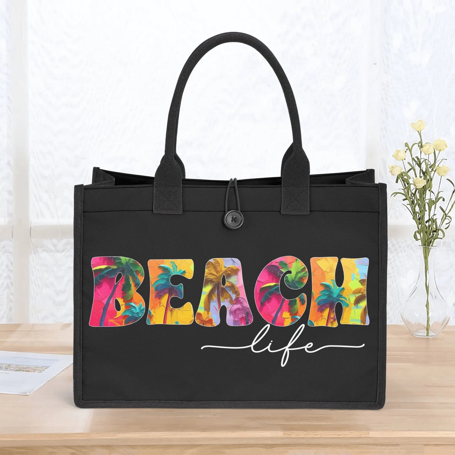 Tropical Palms Trees BEACH Life on Black Structured Button Closure Canvas Tote Bag in 2 Sizes