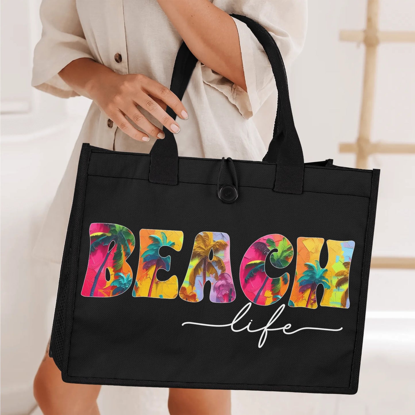 Tropical Palms Trees BEACH Life on Black Structured Button Closure Canvas Tote Bag in 2 Sizes