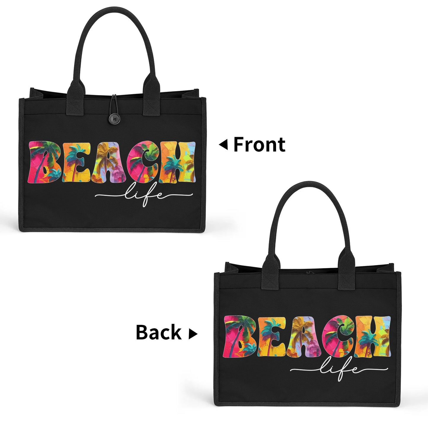 Tropical Palms Trees BEACH Life on Black Structured Button Closure Canvas Tote Bag in 2 Sizes