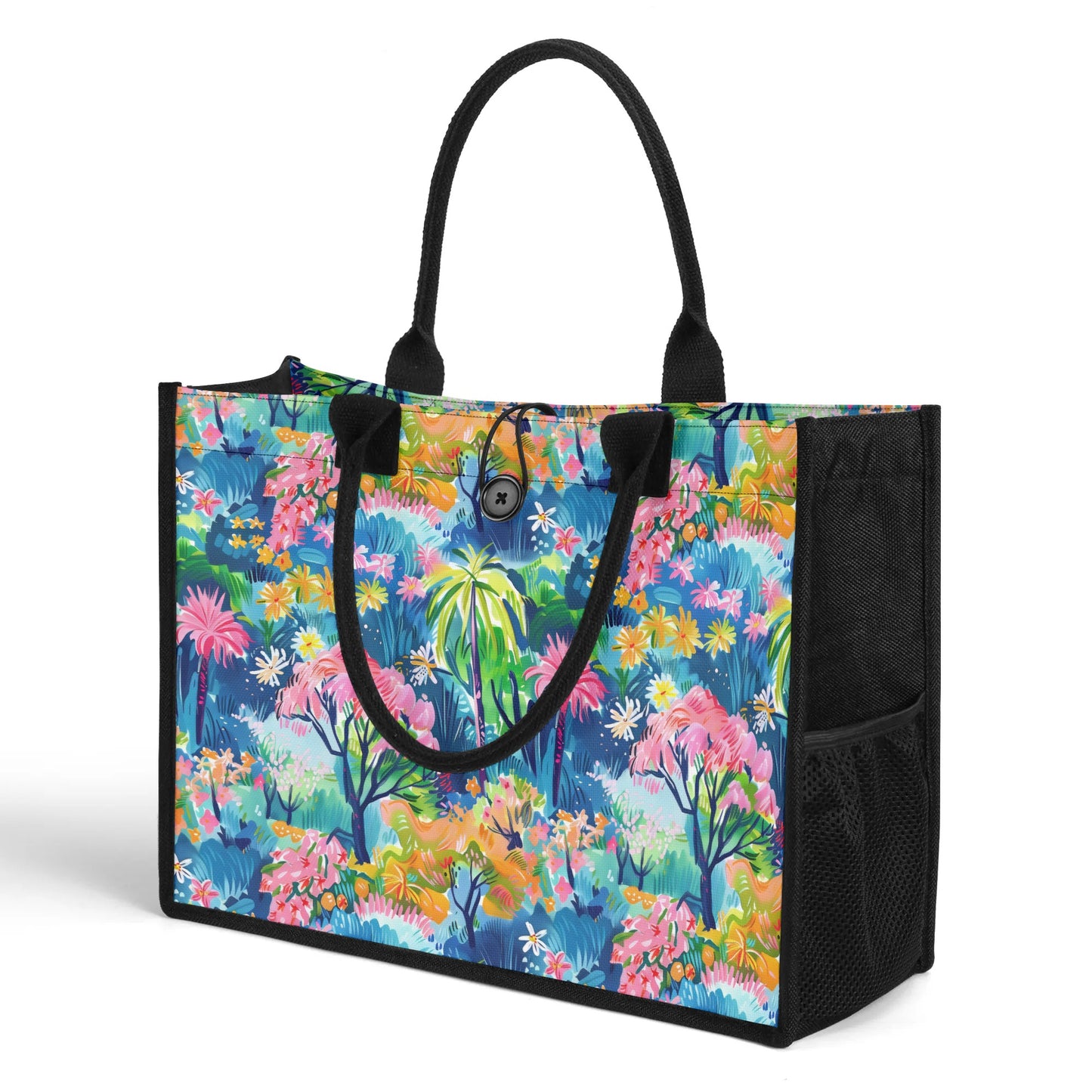 Kaleidoscope Canopy: Tropical Palm Symphony Structured Button Closure Canvas Tote Bag in 2 Sizes