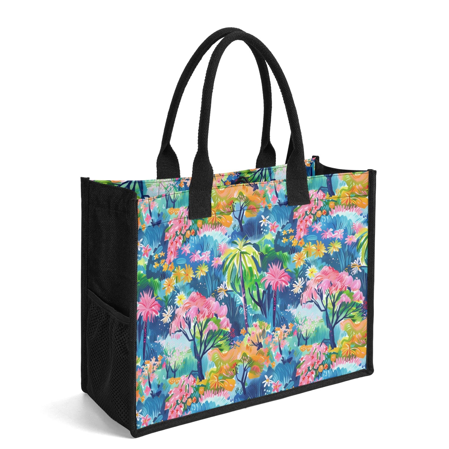 Kaleidoscope Canopy: Tropical Palm Symphony Structured Button Closure Canvas Tote Bag in 2 Sizes