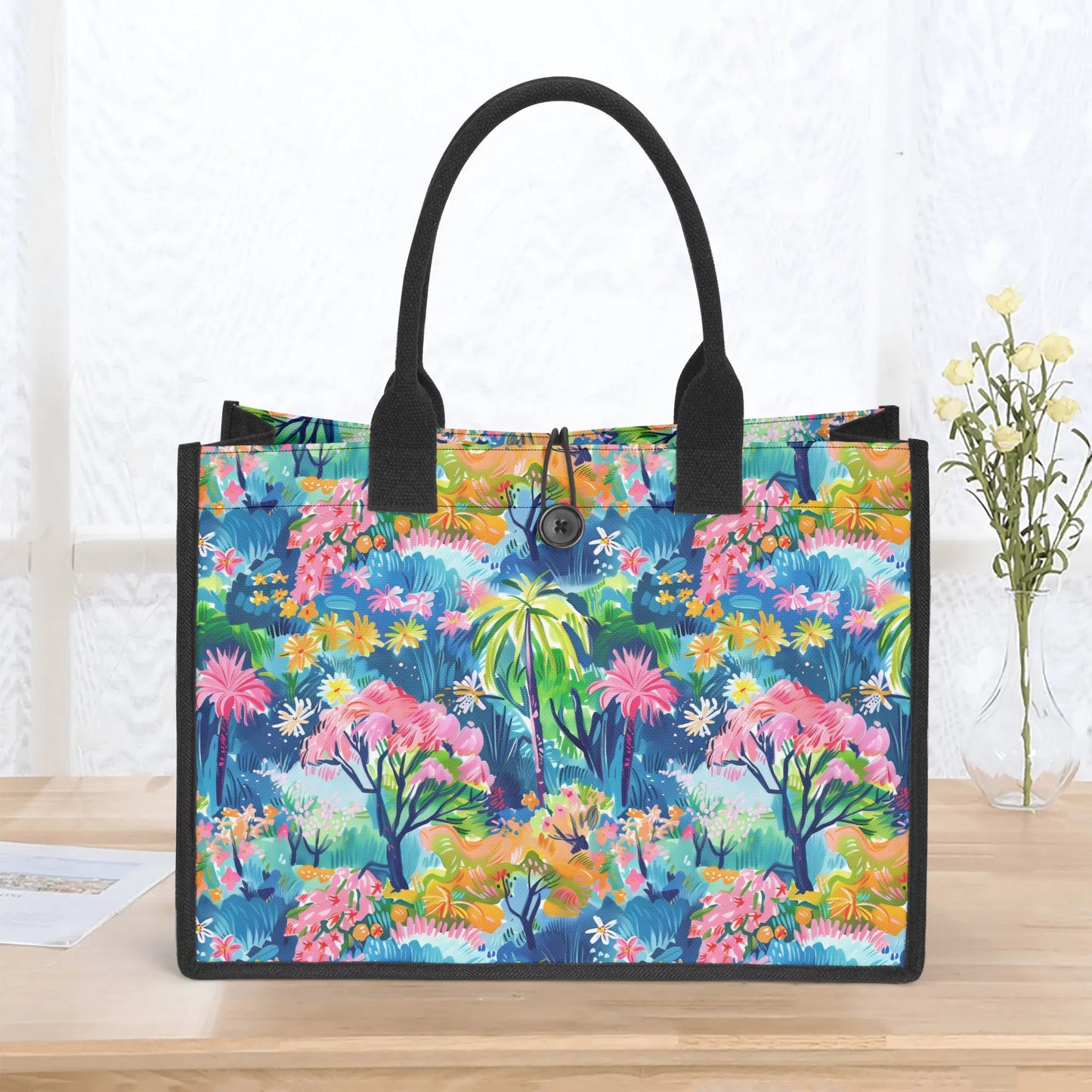 Kaleidoscope Canopy: Tropical Palm Symphony Structured Button Closure Canvas Tote Bag in 2 Sizes