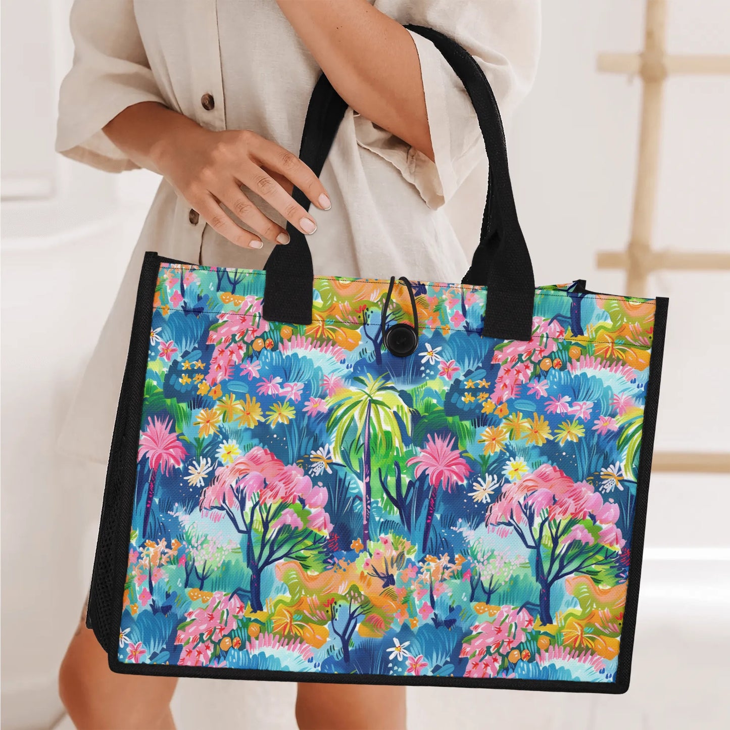 Kaleidoscope Canopy: Tropical Palm Symphony Structured Button Closure Canvas Tote Bag in 2 Sizes