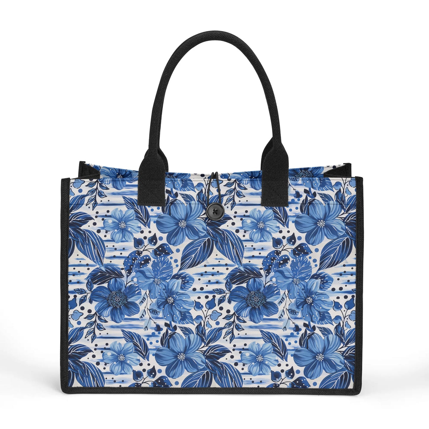 Floral Symphony in Shades of Blue, Harmonized with Abstract Lines Structured Button Closure Canvas Tote Bag in 2 Sizes