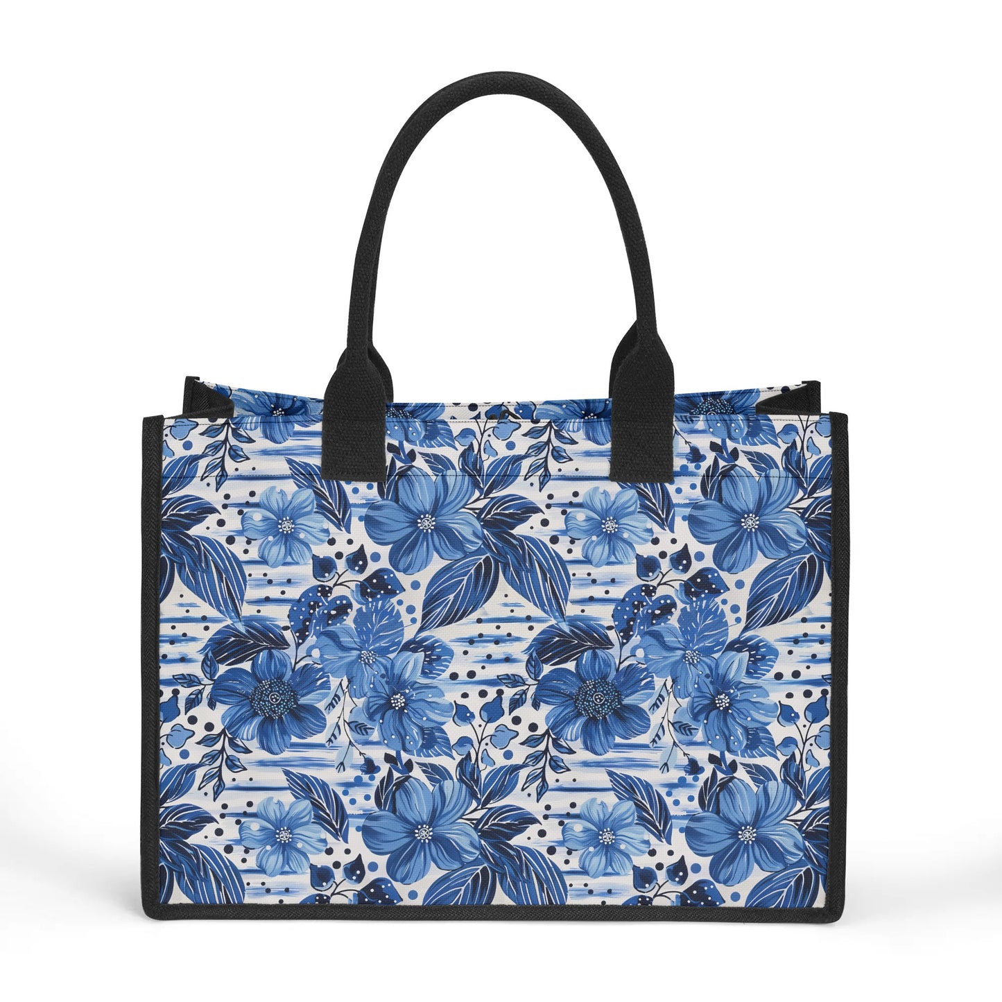 Floral Symphony in Shades of Blue, Harmonized with Abstract Lines Structured Button Closure Canvas Tote Bag in 2 Sizes