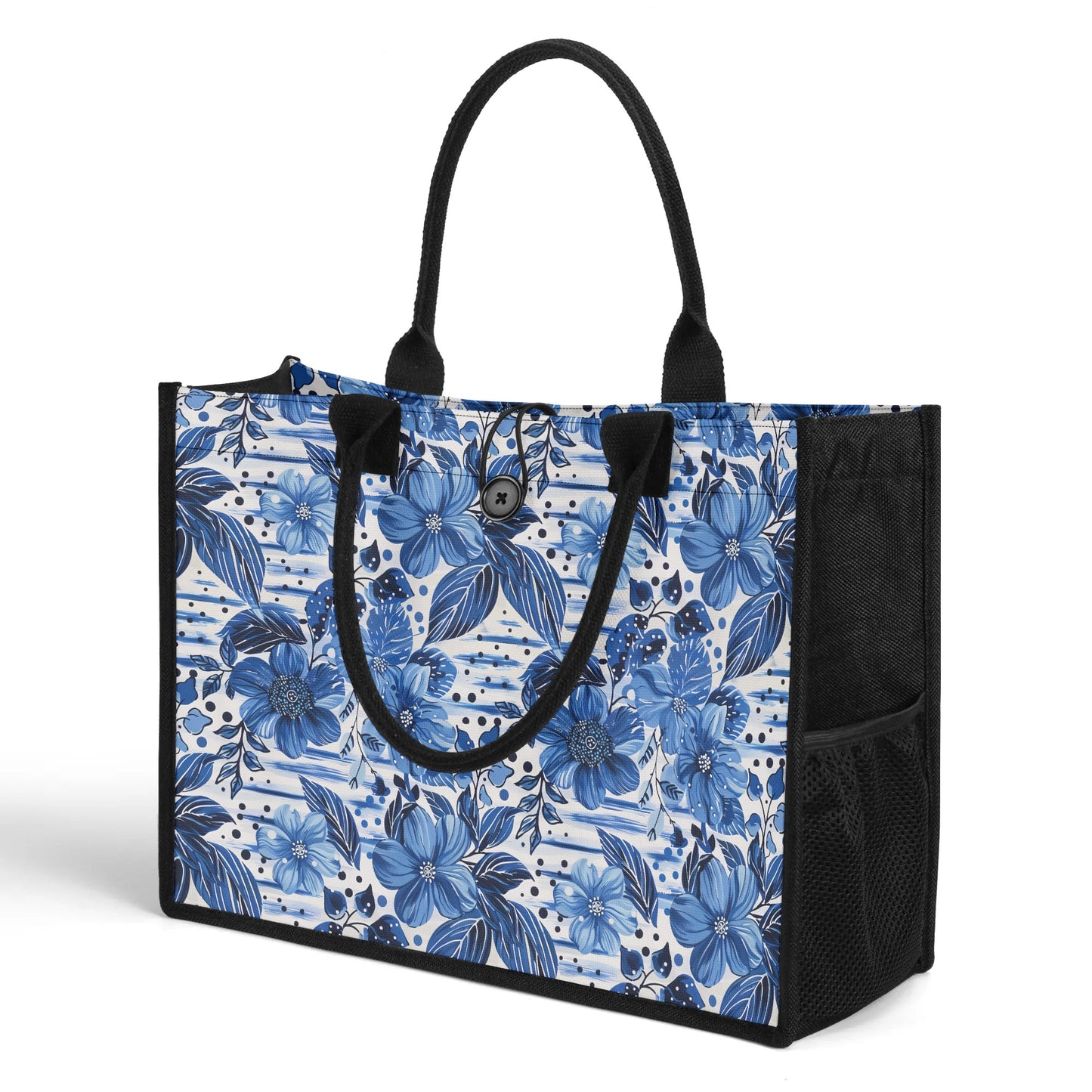 Floral Symphony in Shades of Blue, Harmonized with Abstract Lines Structured Button Closure Canvas Tote Bag in 2 Sizes