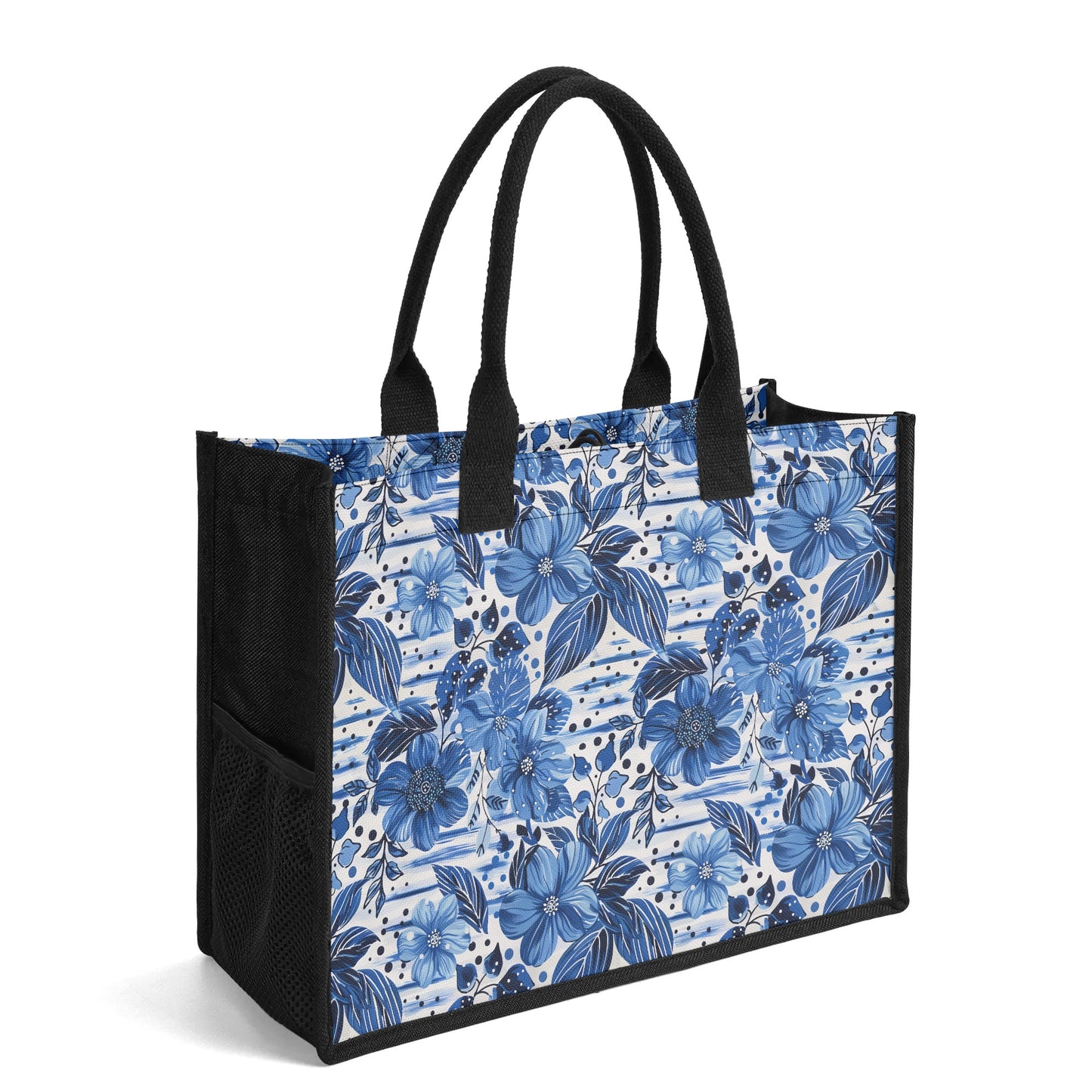 Floral Symphony in Shades of Blue, Harmonized with Abstract Lines Structured Button Closure Canvas Tote Bag in 2 Sizes