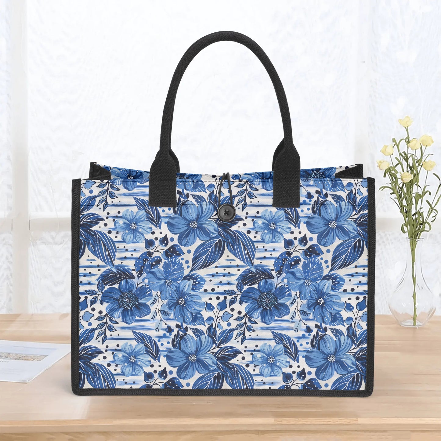 Floral Symphony in Shades of Blue, Harmonized with Abstract Lines Structured Button Closure Canvas Tote Bag in 2 Sizes