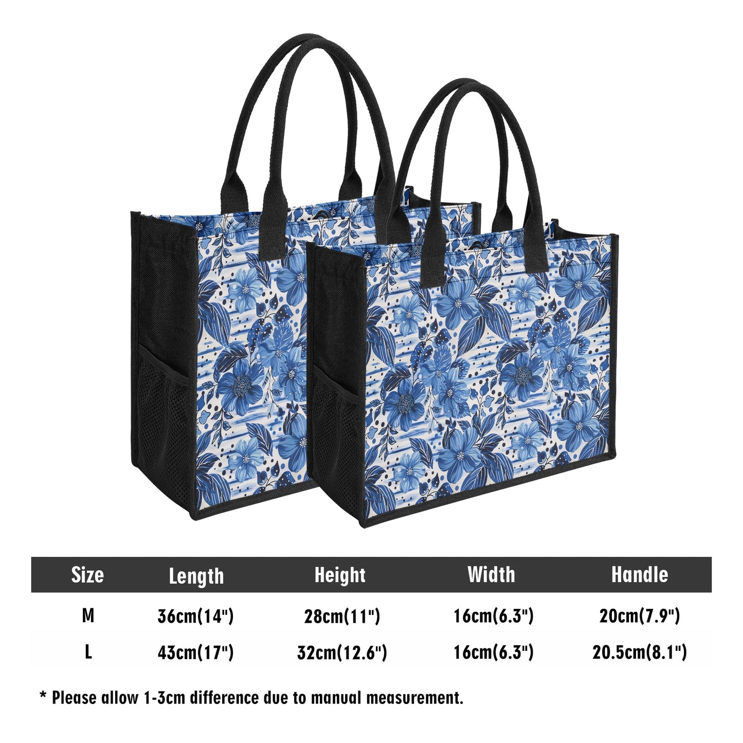 Floral Symphony in Shades of Blue, Harmonized with Abstract Lines Structured Button Closure Canvas Tote Bag in 2 Sizes