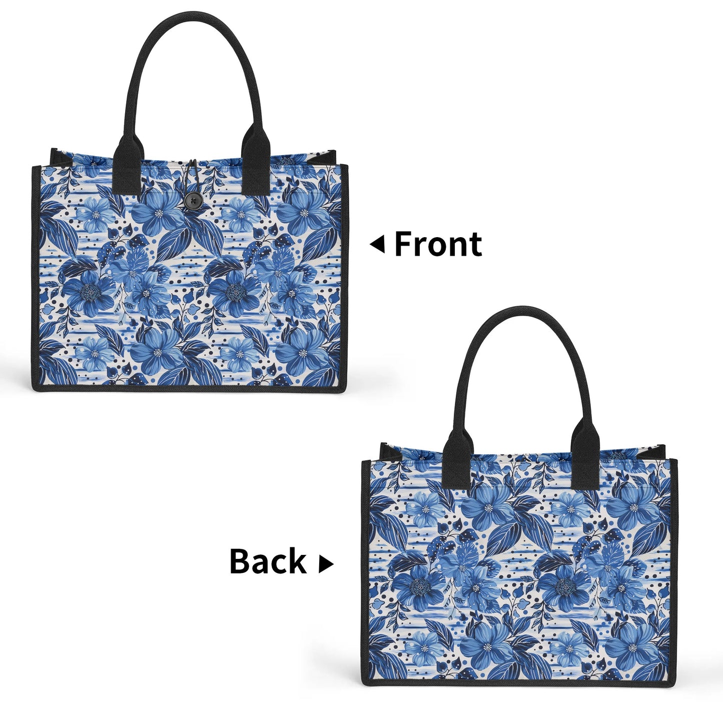 Floral Symphony in Shades of Blue, Harmonized with Abstract Lines Structured Button Closure Canvas Tote Bag in 2 Sizes