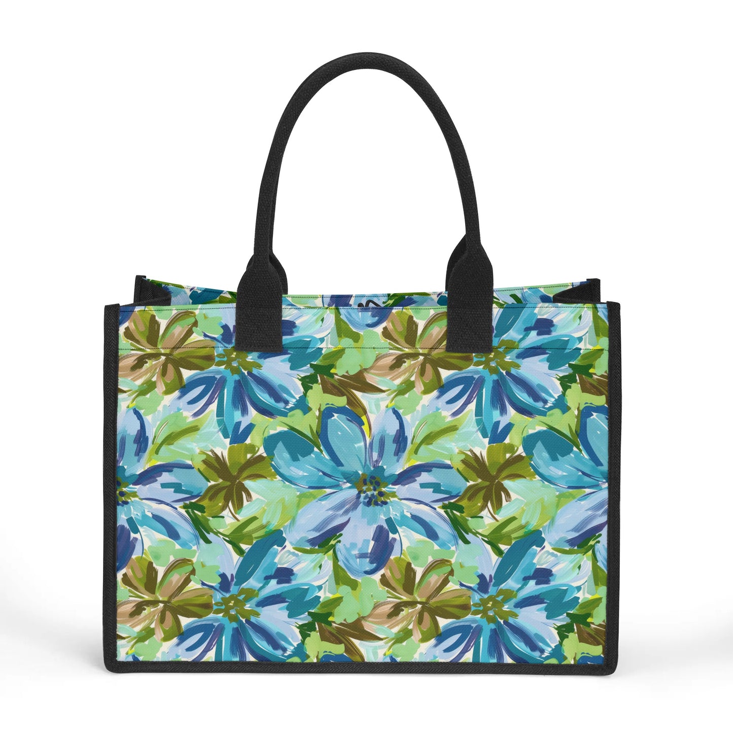 Tranquil Earth Tones: Watercolor Flowers in Blue, Brown, and Green Hues Structured Button Closure Canvas Tote Bag in 2 Sizes