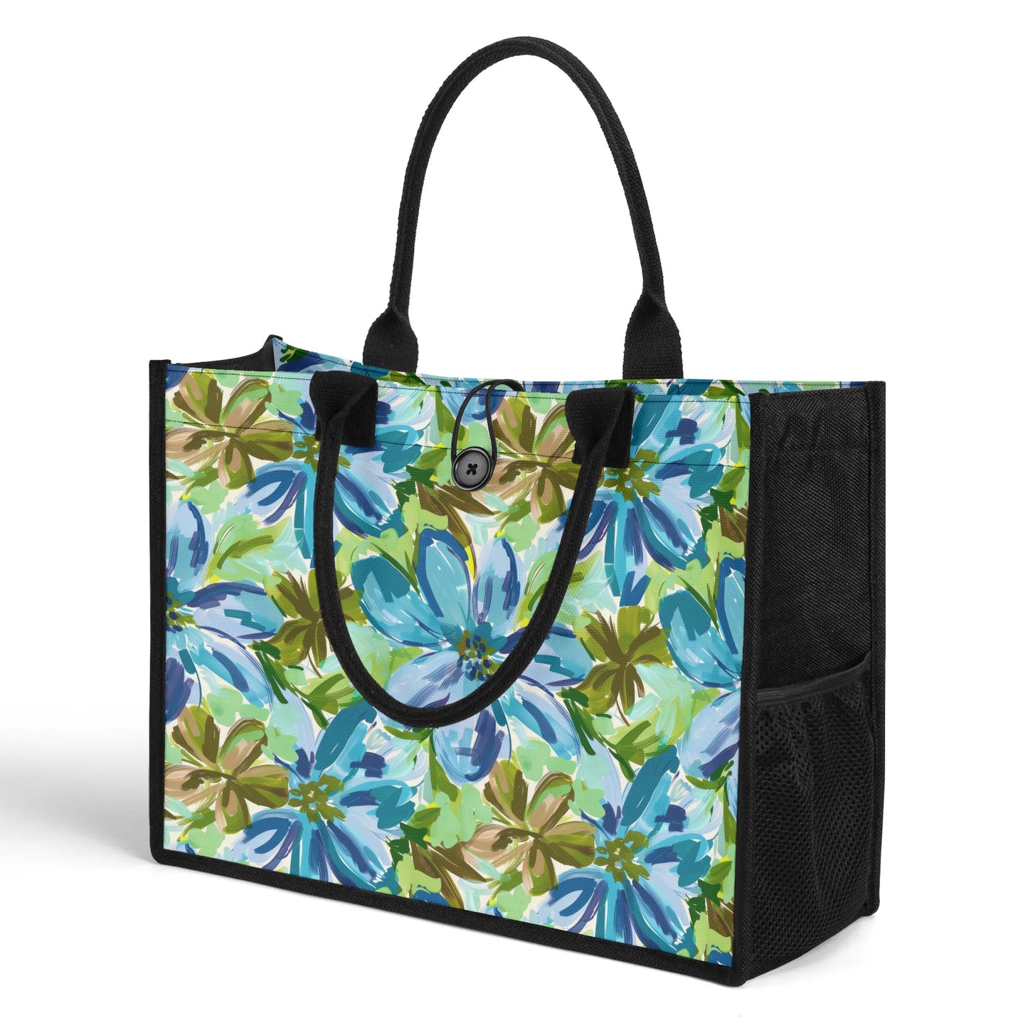 Tranquil Earth Tones: Watercolor Flowers in Blue, Brown, and Green Hues Structured Button Closure Canvas Tote Bag in 2 Sizes