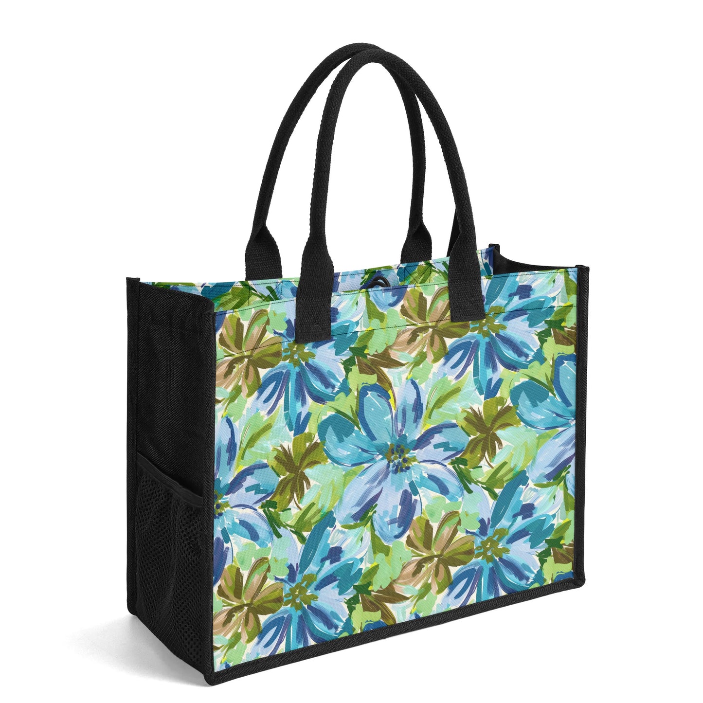 Tranquil Earth Tones: Watercolor Flowers in Blue, Brown, and Green Hues Structured Button Closure Canvas Tote Bag in 2 Sizes