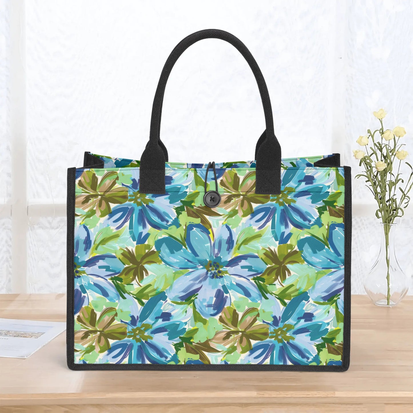 Tranquil Earth Tones: Watercolor Flowers in Blue, Brown, and Green Hues Structured Button Closure Canvas Tote Bag in 2 Sizes