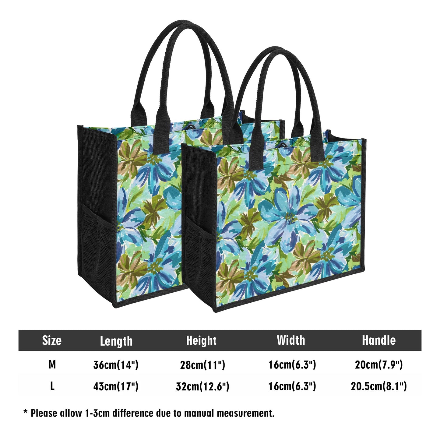 Tranquil Earth Tones: Watercolor Flowers in Blue, Brown, and Green Hues Structured Button Closure Canvas Tote Bag in 2 Sizes