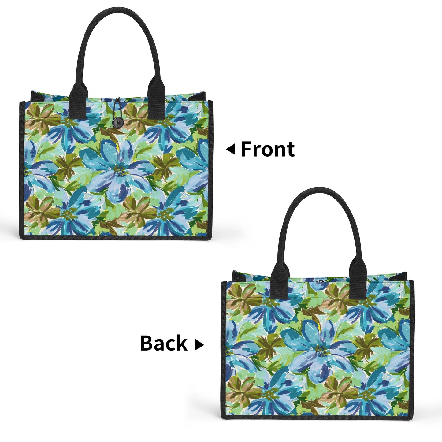 Tranquil Earth Tones: Watercolor Flowers in Blue, Brown, and Green Hues Structured Button Closure Canvas Tote Bag in 2 Sizes