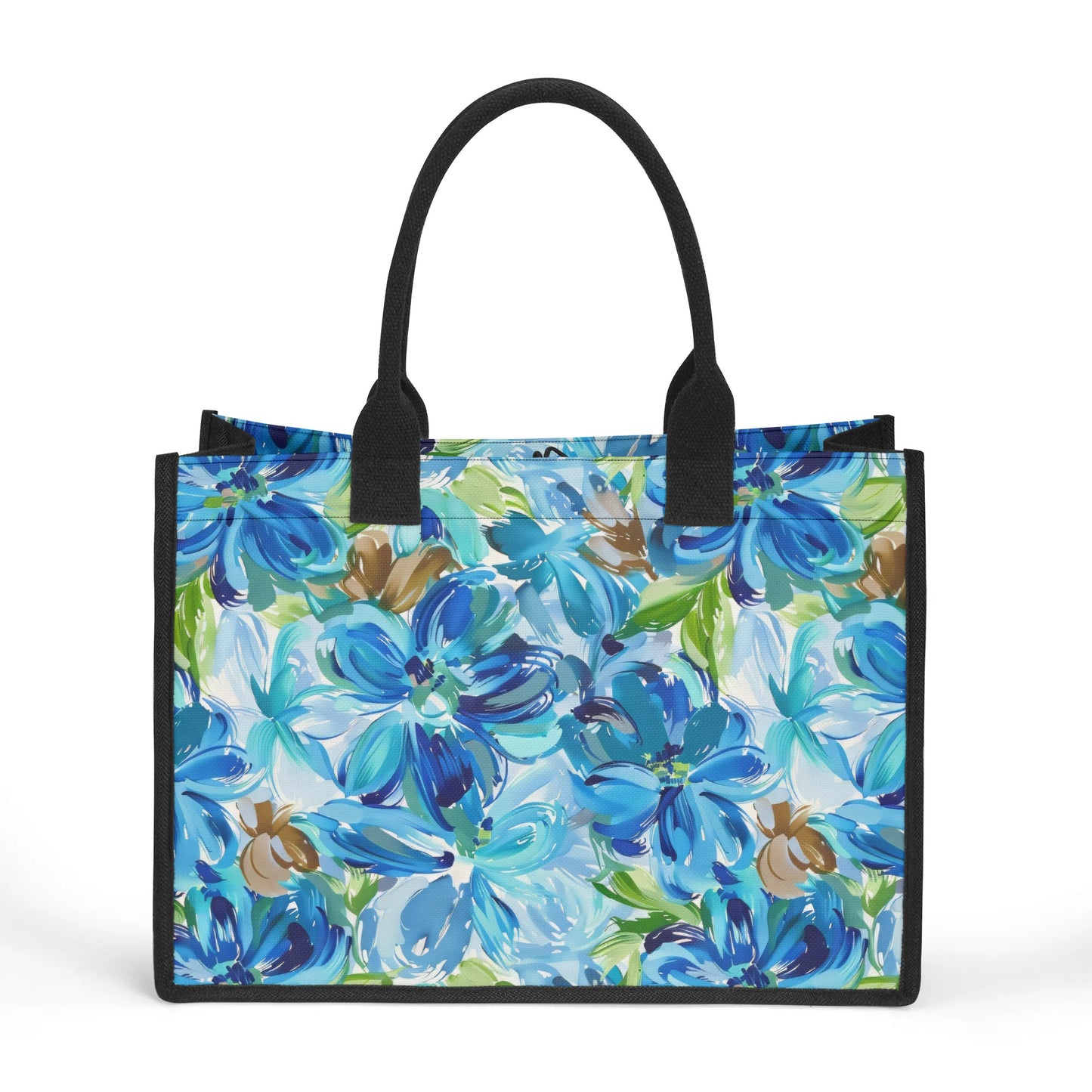 Large Blue Watercolor Flowers with Gentle Accents of Brown and Green Structured Button Closure Canvas Tote Bag in 2 Sizes