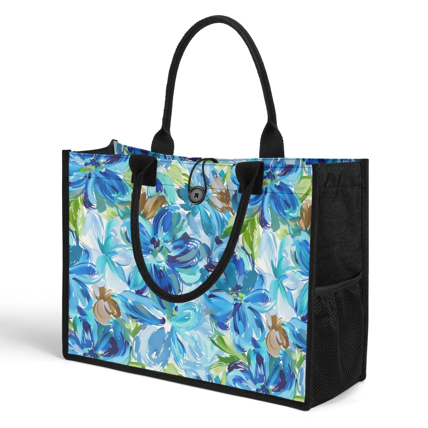 Large Blue Watercolor Flowers with Gentle Accents of Brown and Green Structured Button Closure Canvas Tote Bag in 2 Sizes