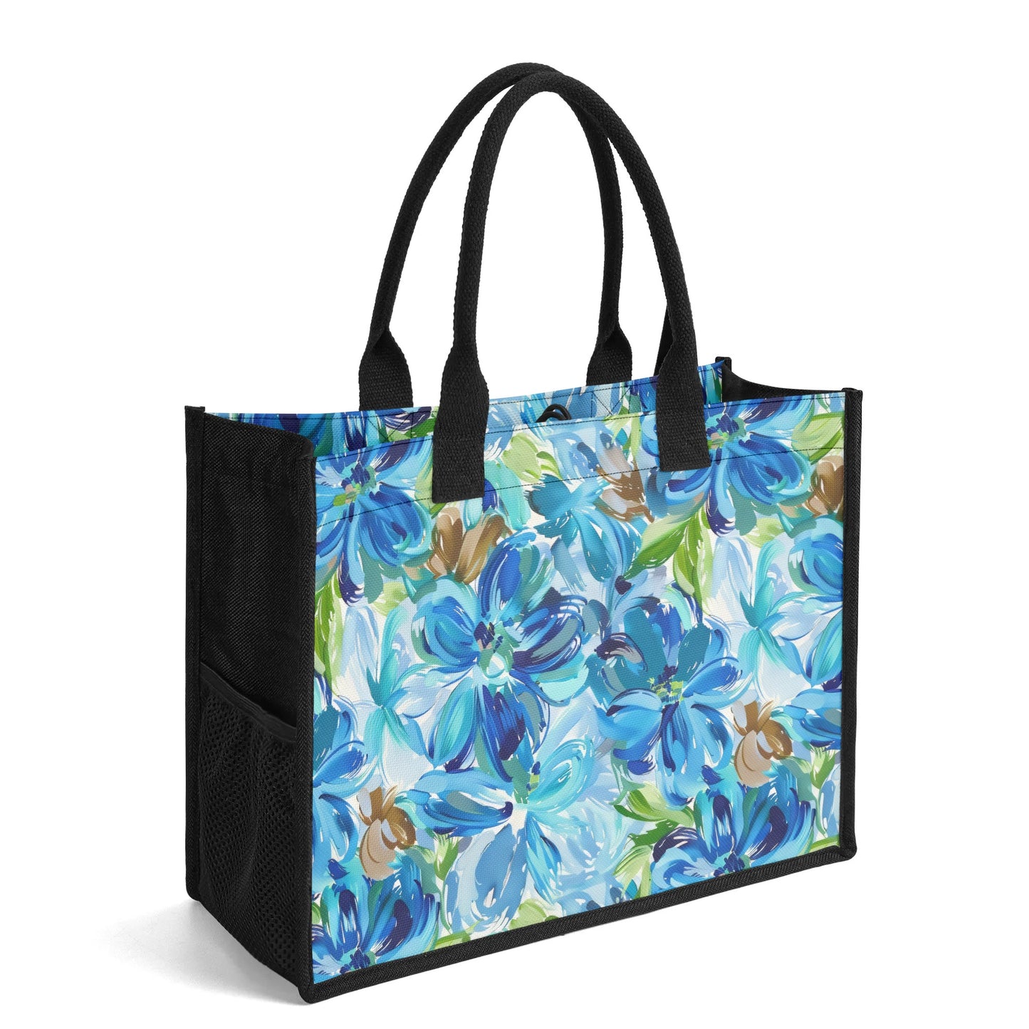 Large Blue Watercolor Flowers with Gentle Accents of Brown and Green Structured Button Closure Canvas Tote Bag in 2 Sizes