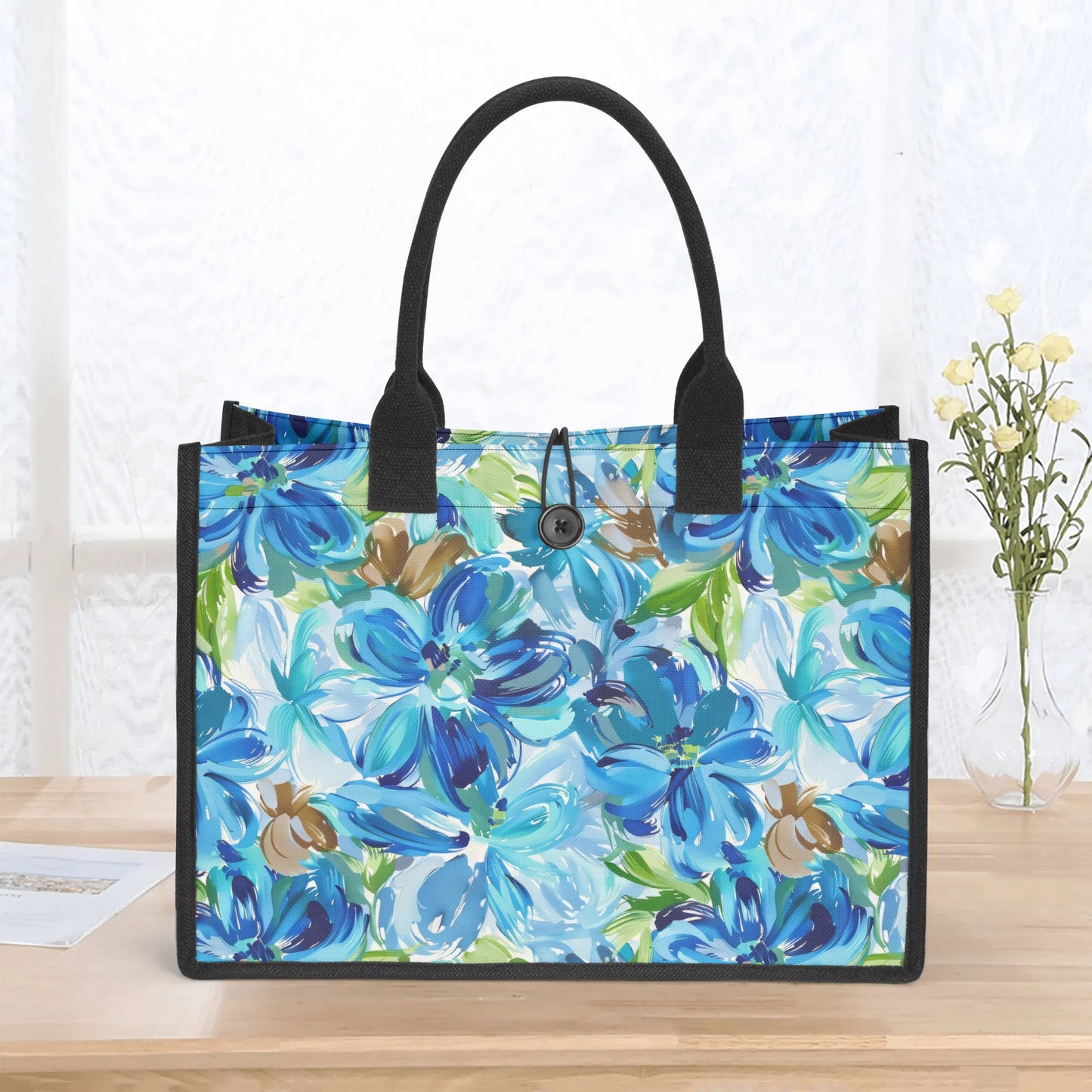 Large Blue Watercolor Flowers with Gentle Accents of Brown and Green Structured Button Closure Canvas Tote Bag in 2 Sizes