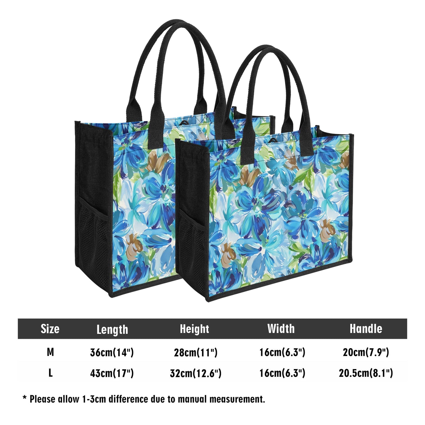 Large Blue Watercolor Flowers with Gentle Accents of Brown and Green Structured Button Closure Canvas Tote Bag in 2 Sizes