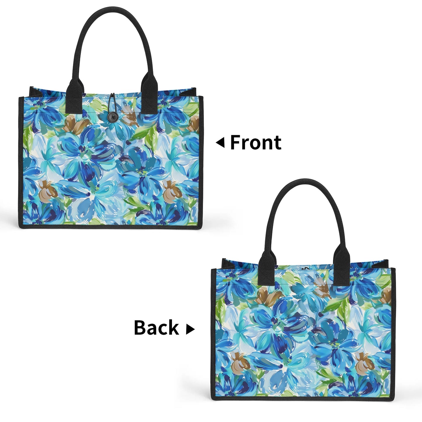 Large Blue Watercolor Flowers with Gentle Accents of Brown and Green Structured Button Closure Canvas Tote Bag in 2 Sizes