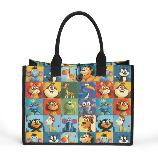 Quilted Creatures: Cartoon Animals in a Vibrant Patchwork Wonderland Structured Button Closure Canvas Tote Bag in 2 Sizes