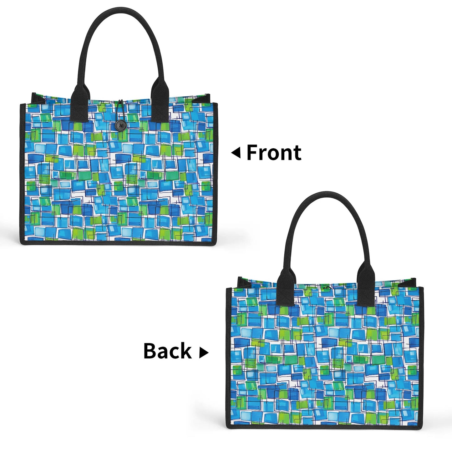 Abstract Interplay of Blue and Green Squares with Meandering Lines Structured Button Closure Canvas Tote Bag in 2 Sizes