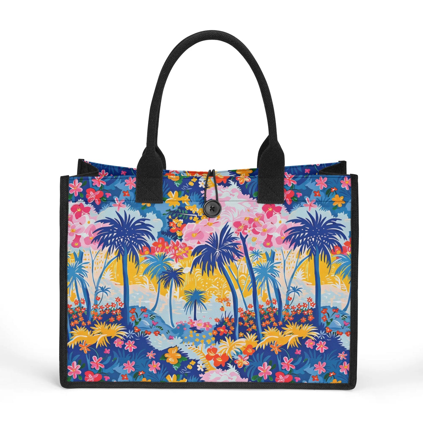 Tropical Fiesta: Playful Blues, Yellow, and Pink Dancing Amongst Tropical Flowers and Palm Trees Structured Button Closure Canvas Tote Bag in 2 Sizes