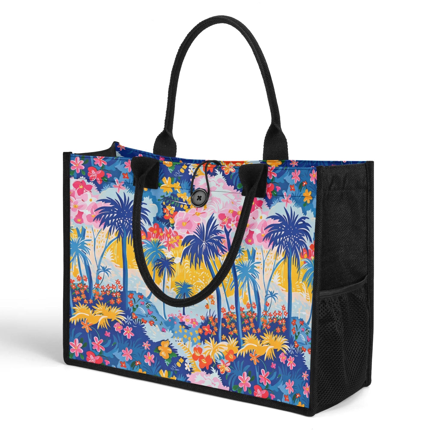 Tropical Fiesta: Playful Blues, Yellow, and Pink Dancing Amongst Tropical Flowers and Palm Trees Structured Button Closure Canvas Tote Bag in 2 Sizes