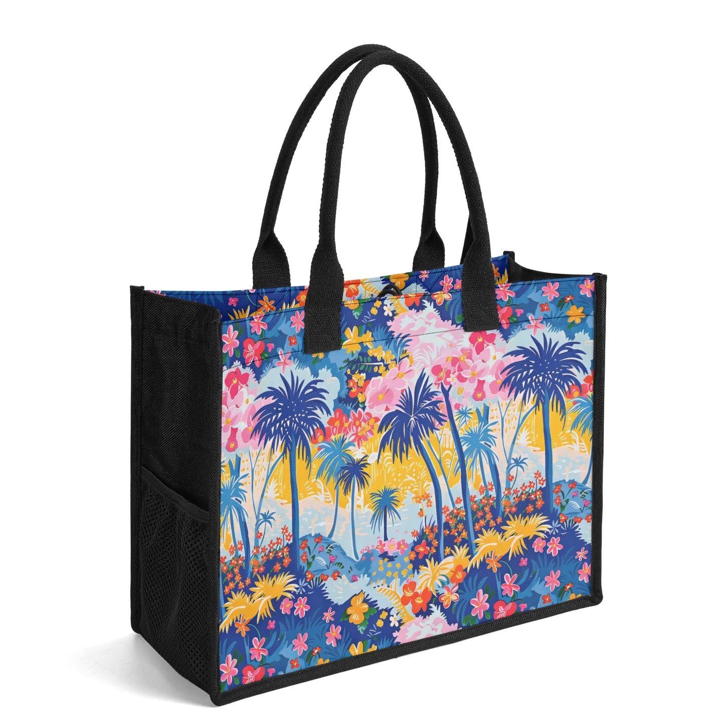 Tropical Fiesta: Playful Blues, Yellow, and Pink Dancing Amongst Tropical Flowers and Palm Trees Structured Button Closure Canvas Tote Bag in 2 Sizes