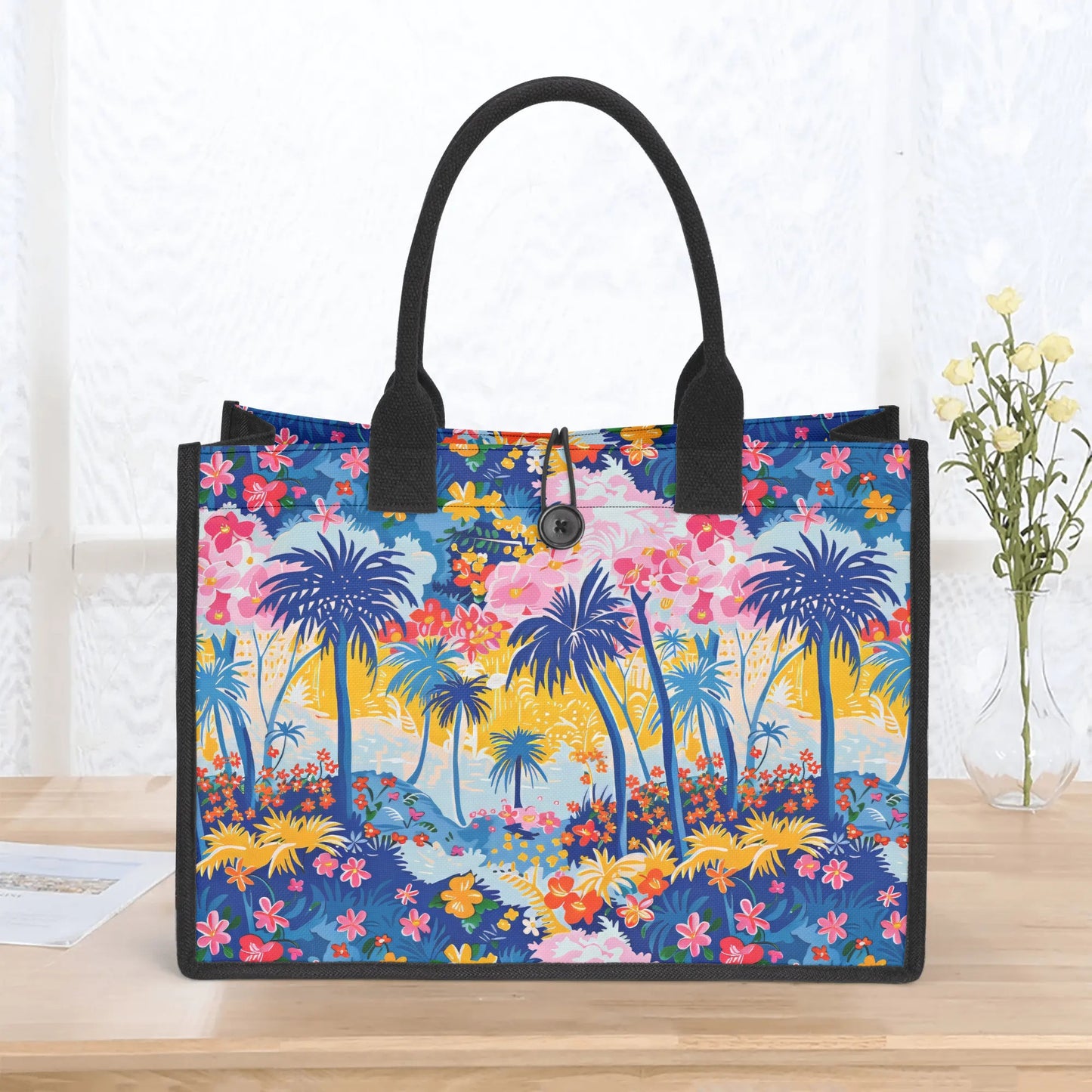 Tropical Fiesta: Playful Blues, Yellow, and Pink Dancing Amongst Tropical Flowers and Palm Trees Structured Button Closure Canvas Tote Bag in 2 Sizes